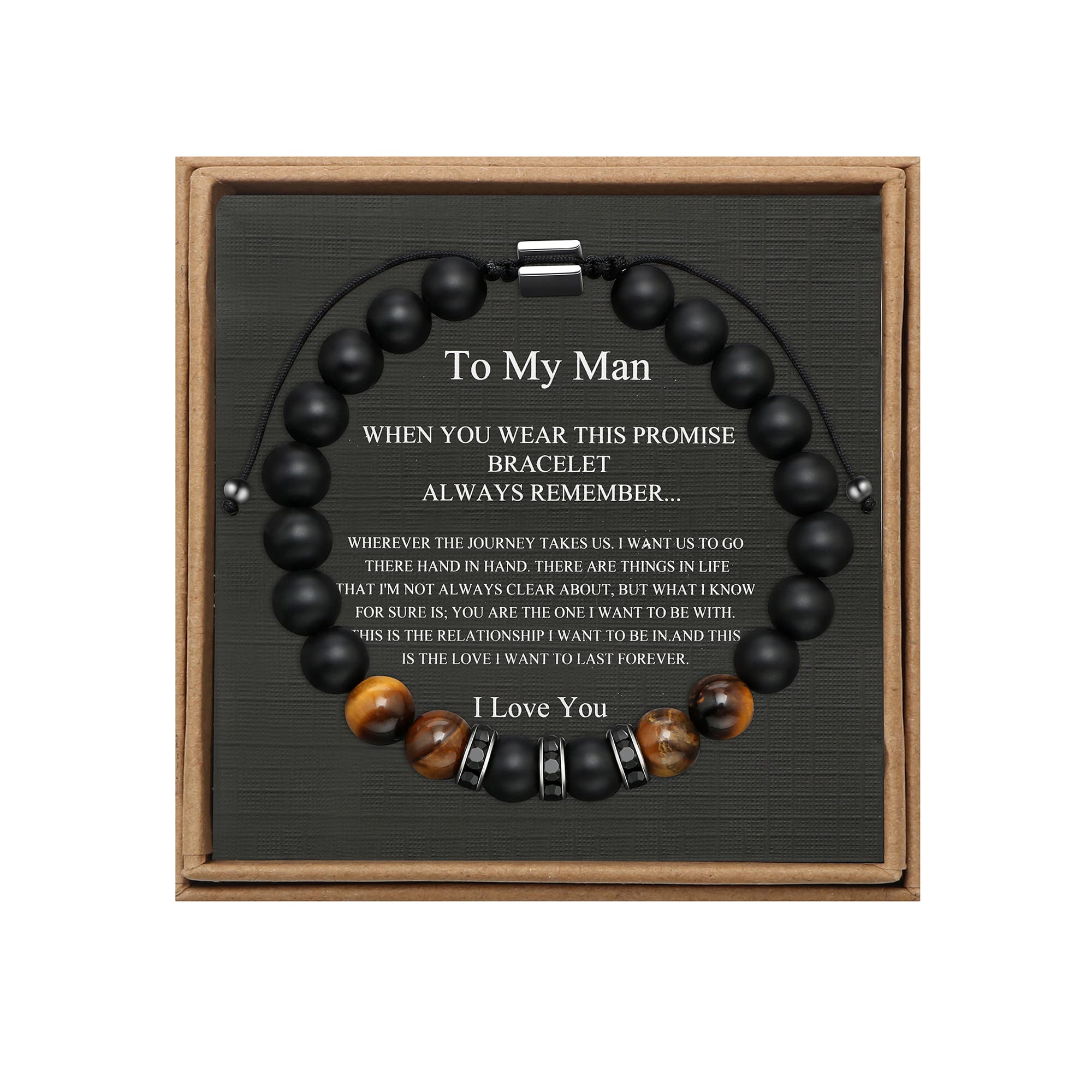 JoycuFF To My Man Mens Bead Bracelet for Boyfriend Husband, Adjustable 8mm Mens Tiger Eye Black Matte Agate Bead Bracelets