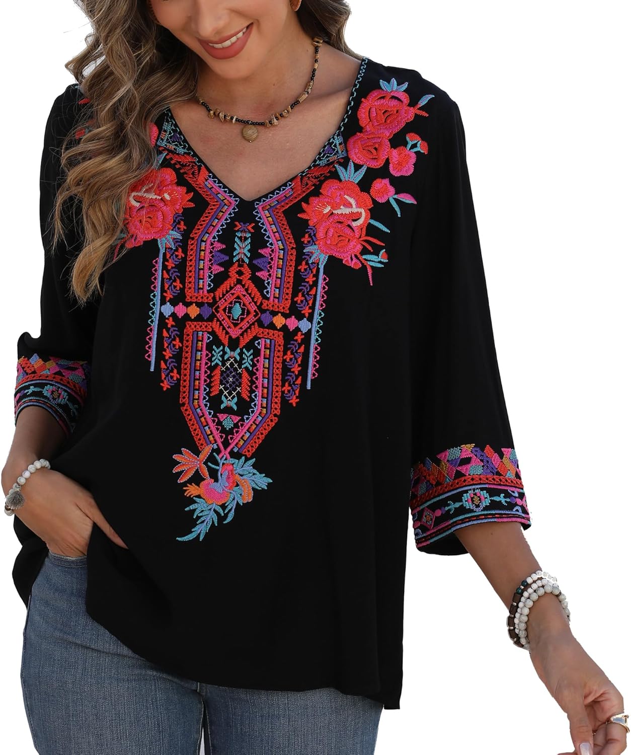 Higustar Women's Embroidered Tops Boho Floral Tunics Fiesta Shirts Peasant Hippie Clothes Traditional Bohemian Blouses - Image 2
