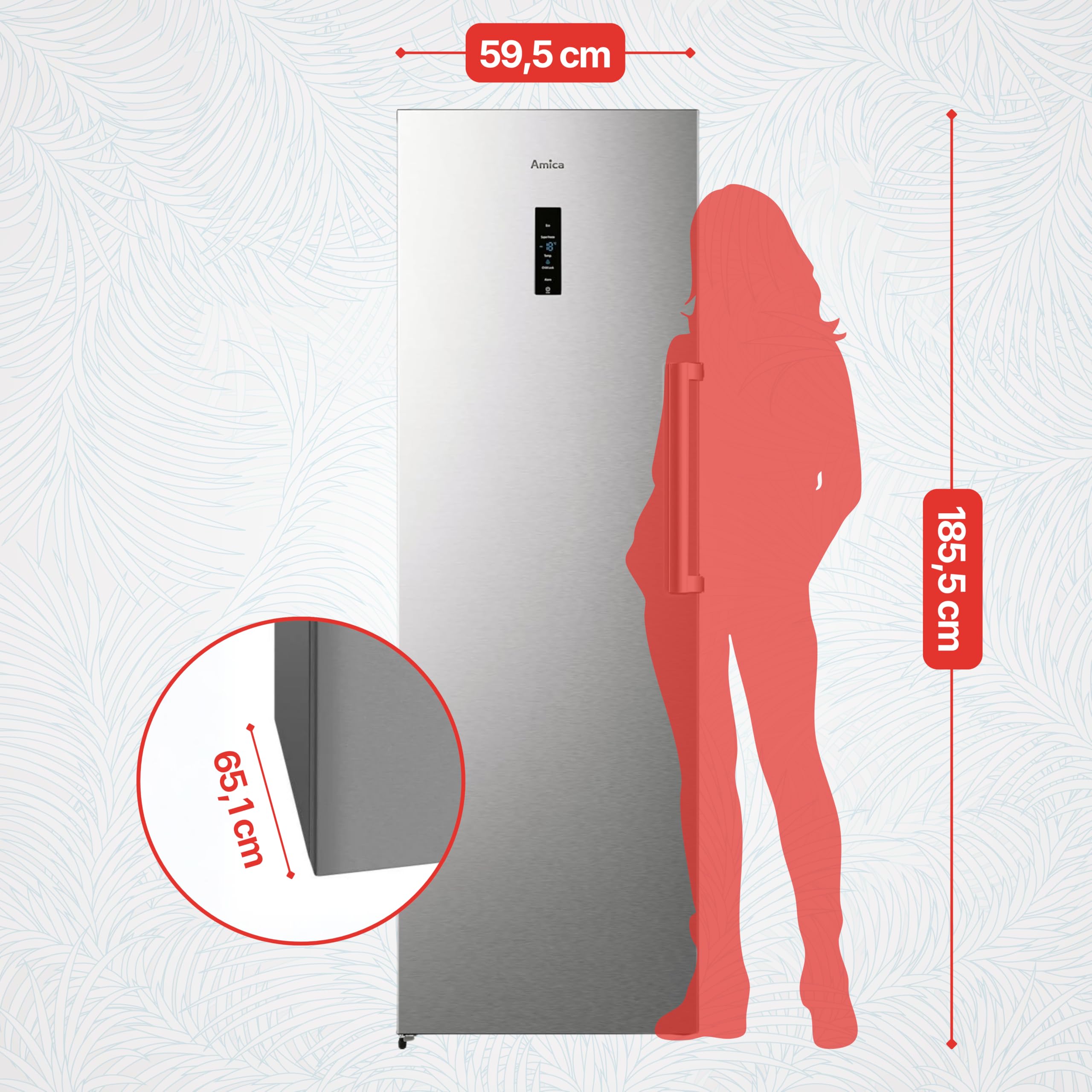 Amica GSN 328 150 E zamrażarka/wysokość 186 cm/wygląd stali szlachetnej/technologia NoFrost/elektryczny sterowanie/wyświetlacz LED/alarm otwierania drzwi