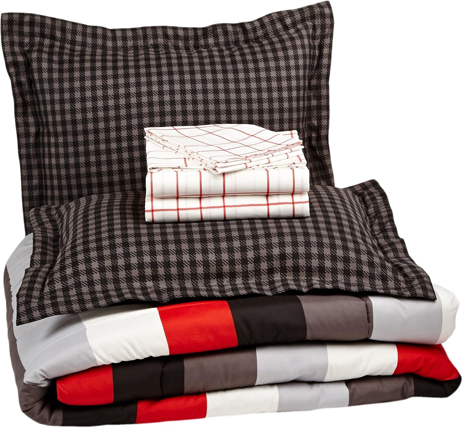 Amazon Brand – Pinzon 7-Piece Bed In A Bag - Full/Queen, Red Simple Stripe