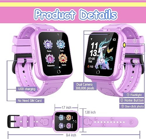 Miniatura 7 de AOYMJRS Reloj inteligente para niños regalo de cumpleaños para niños de 3 a 12 años con tema de unicornio cámara doble juegos divertidos pantalla