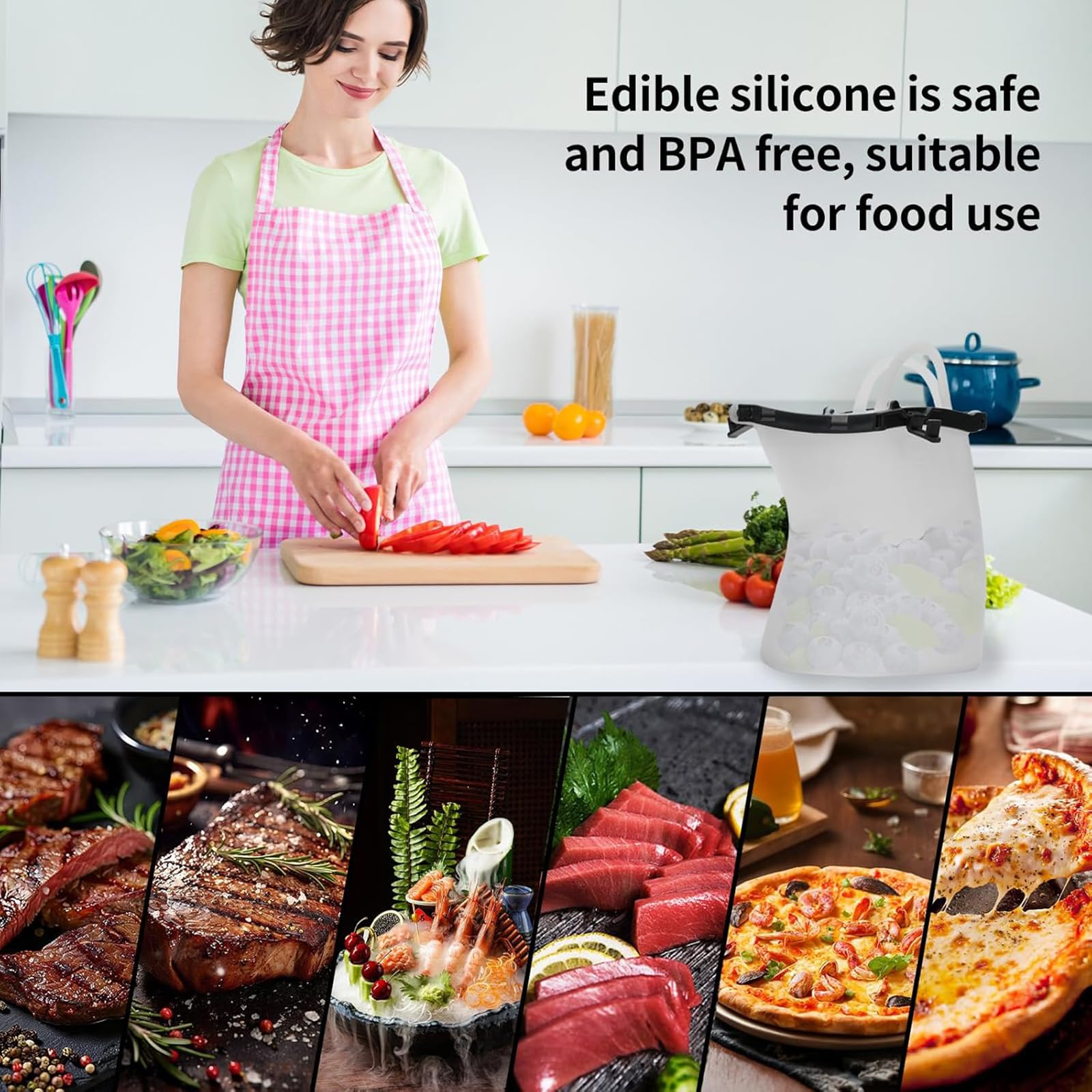 Sacchetti multiuso in silicone per congelatore e microonde, sicuri per alimenti, snack, conservazione bevande calde e fredde con manico, contenitore per bevande da campeggio all'aperto con
