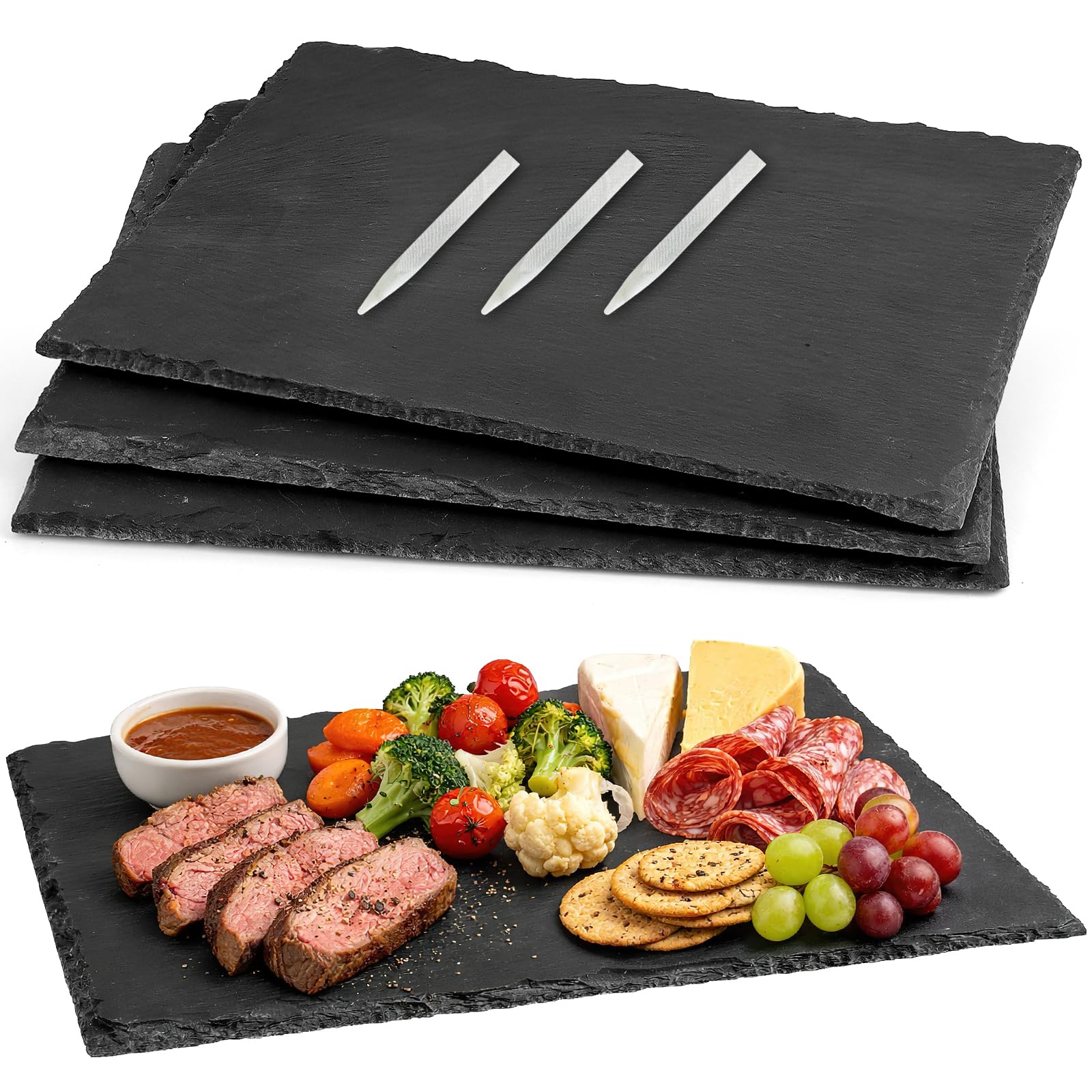 Planches à fromage en ardoise et assiettes à charcuterie noires, lot de service gourmand 30x25 cm