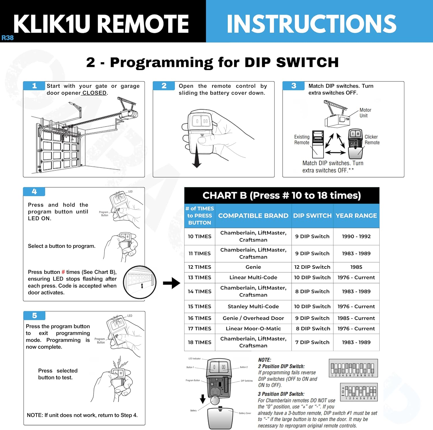 2X Universal Garage Door Opener Remote KLIK1U 375UT 375LM Garage Clicker image 4