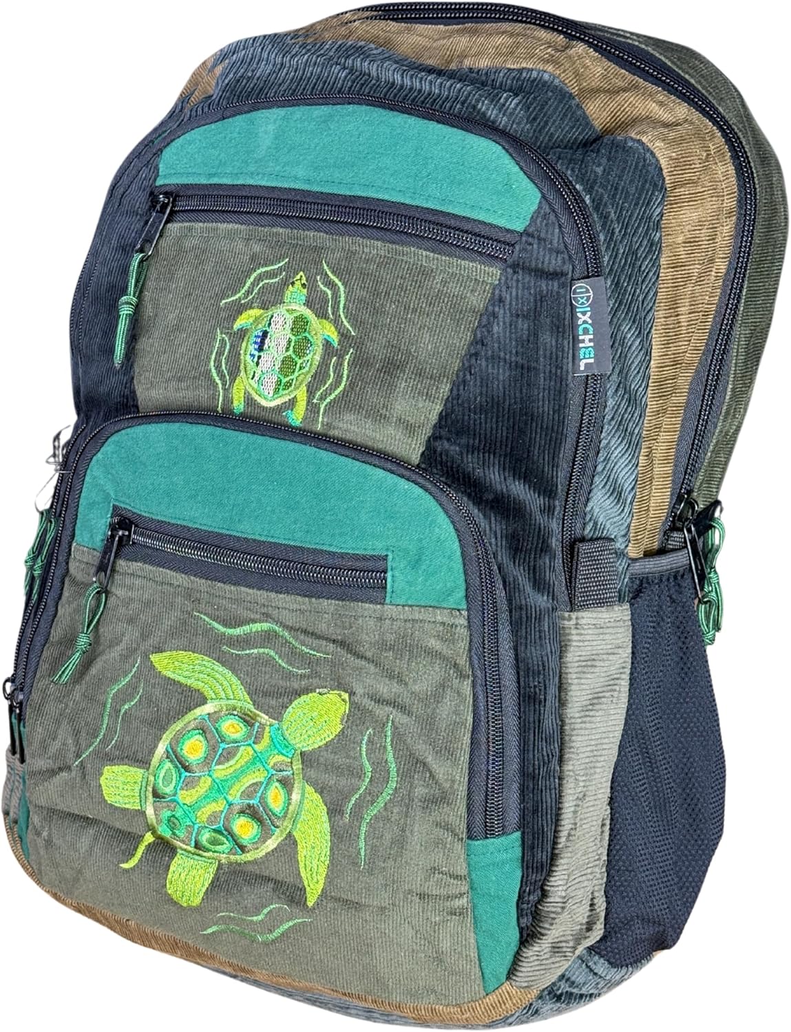 Ixchel Large Patchwork Corduroy Backpack w Mountain Appliqué & Hidden Pocket – Handmade Boho Daypack Festival Backpack