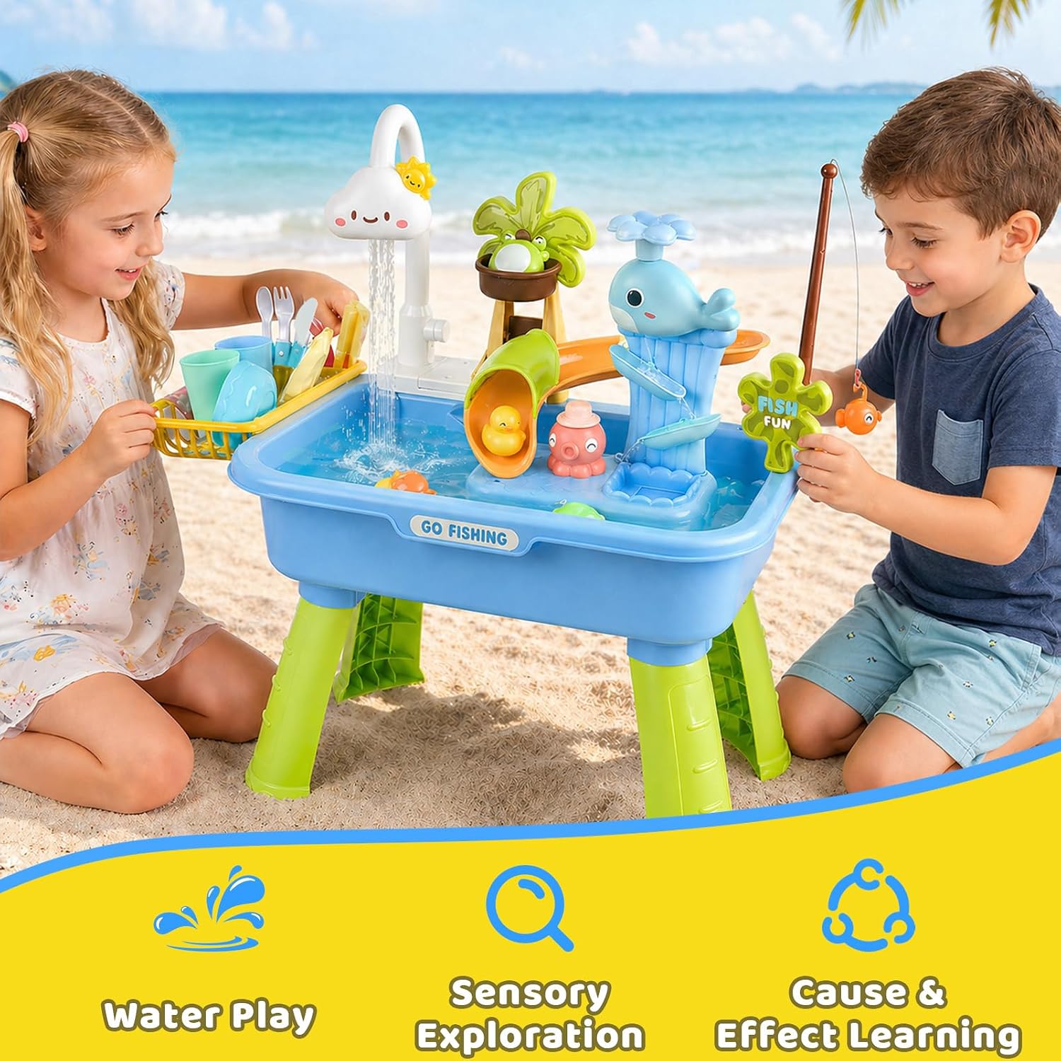 Water Table for Toddlers 3+, 4-in-1 Mini Play Sink with Running Water & Electric Faucet, Outdoor Water Table for Kids Ages 4-8 with Fishing Game, Kitchen Pretend Play, Summer Sensory Toys (Blue)