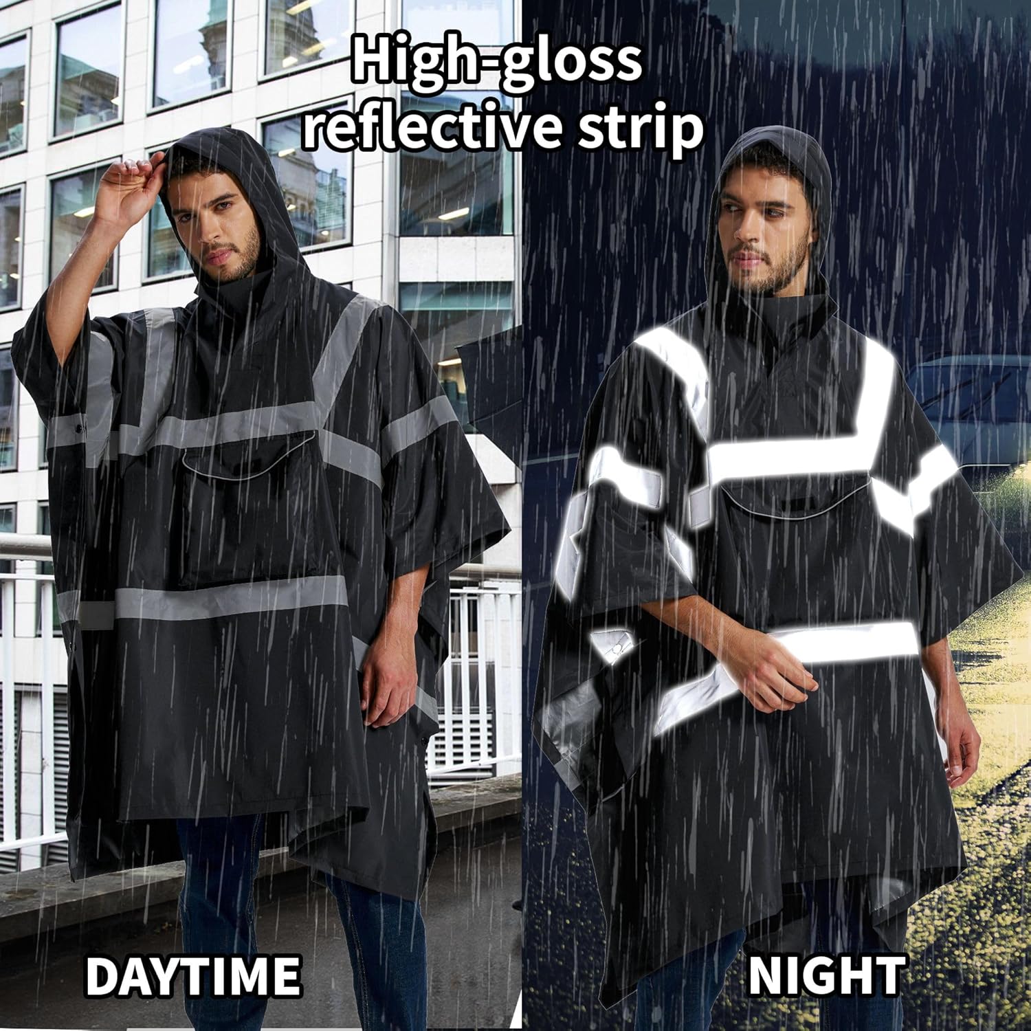 SRsafety Hi Vis Rain Poncho,High Visibility Rain Ponchos for Adults with Pocket,Safety Rain Jacket Stowable Conjoined Cap - Image 3