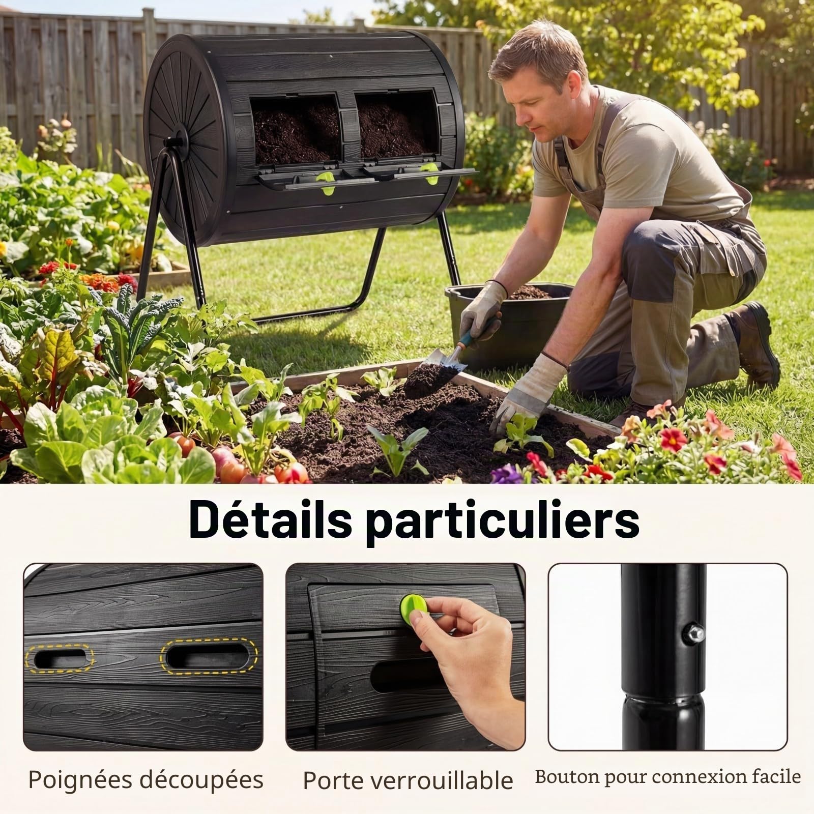 HOMASIS Composteur de Jardin Rotatif, Bac à Compost Extérieur 142 L avec Double Chambre en PP sans BPA, 2 Portes Verrouillables, Lames de Mélange, Support Métal, pour Déchets de Cuisine Jardin (Noir)