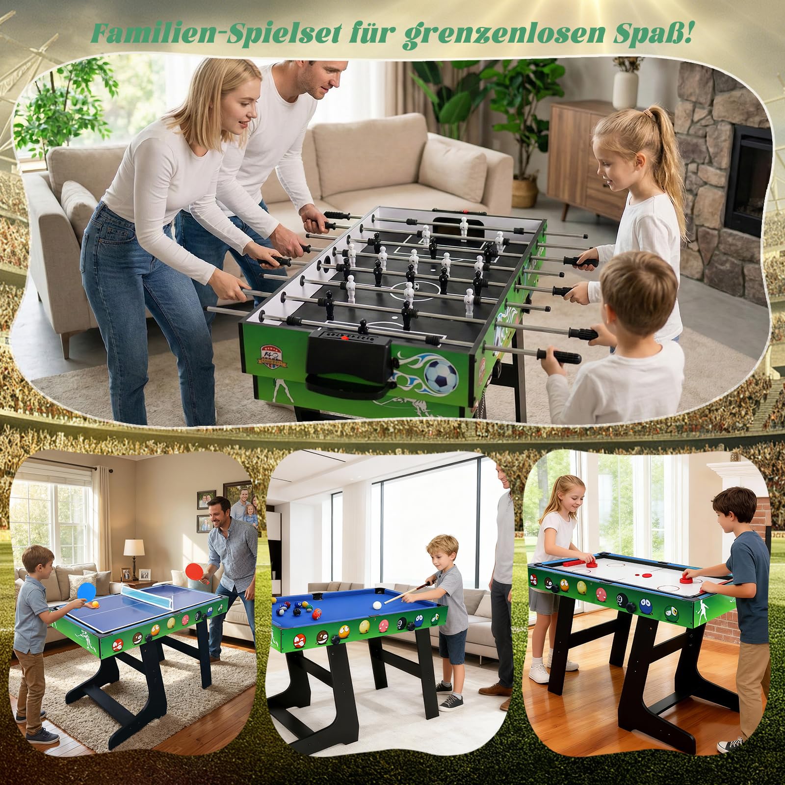 4 in 1 121cm Billard Tischfußball Air Hockey Tischtennis mit Zubehör | Multifunktionale Spieltische, Zusammenklappbarer Tisch, Plattenwechsel, robustes Holz, platzsparend, ideale Familie