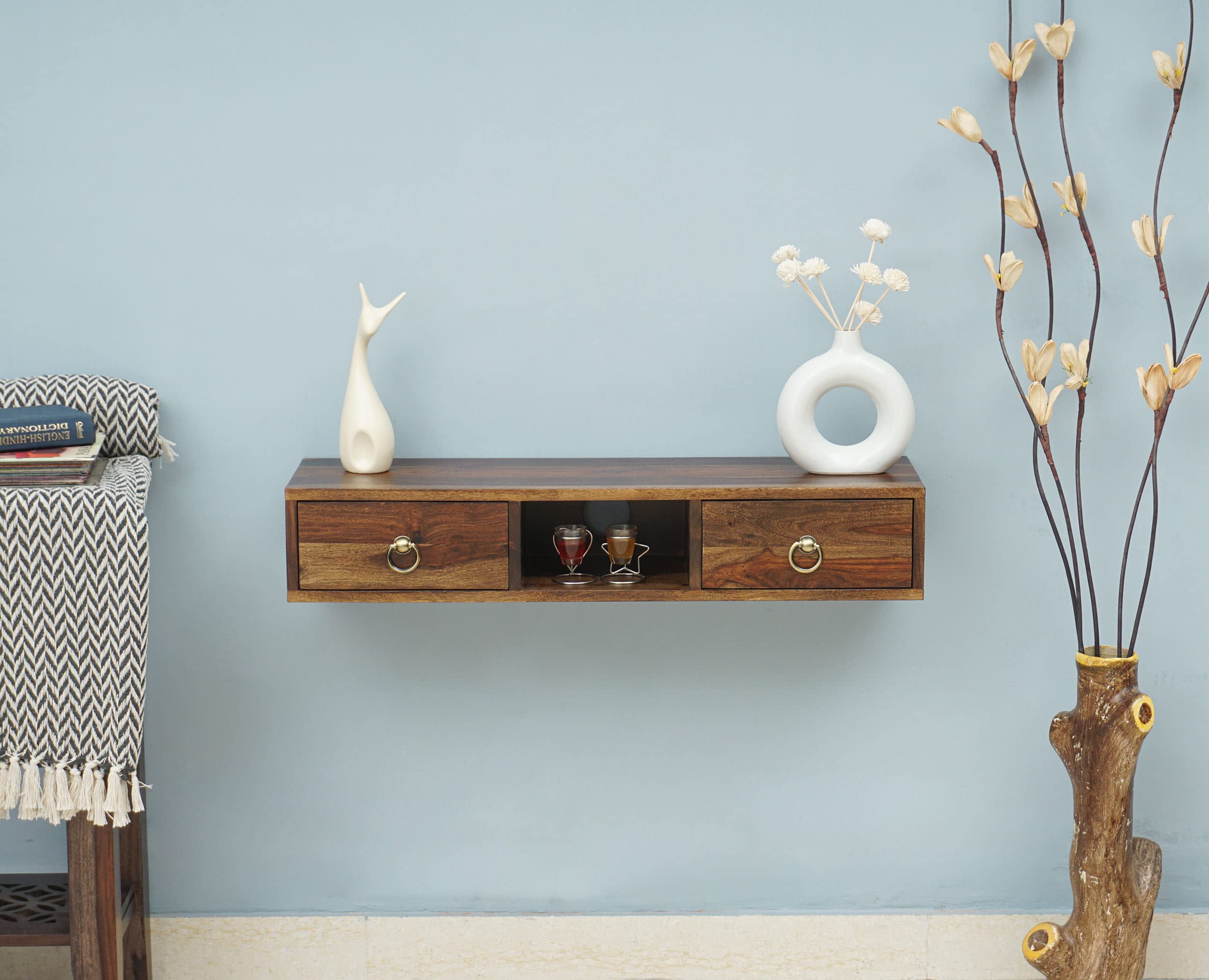 WOODEFLY Sheesham Wooden Wall Hang TV Unit for Living Room with 2 Drawer Storage | Wall Mount TV Stand | TV Wall Stand TV Cabinet for Living Room & Bedroom in Teak Finish-image-37