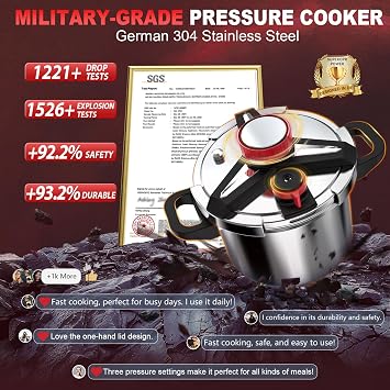 18/8 Stainless Steel Pressure Cooker 6 Quart, [One-Hand Locking] Olla de Presion, [3-In-1] Pressure Cooker, Includes Glass Lid & Steamer, Induction Compatible, Gas Stovetop Compatible