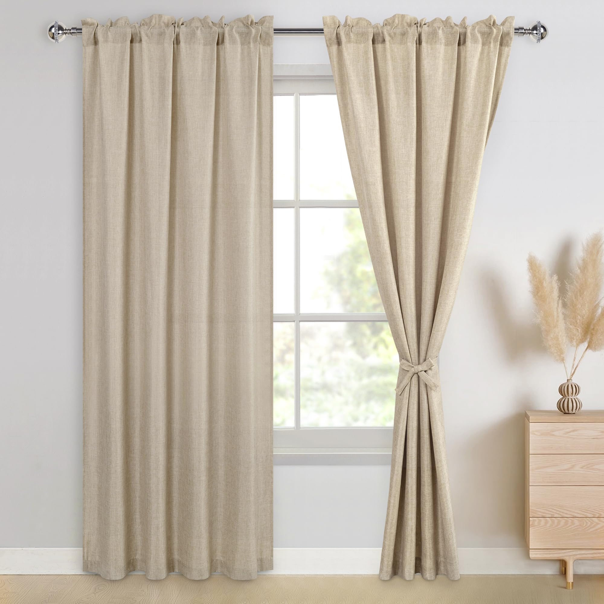 JIUZHENBeige Faux Linen Curtains for Bedroom, Rod Pocket Thick Linen Semi Sheer Curtains 84 Inches Long Light Filtering Curtains & Drapes for Living Room, Set of 2 Window Curtain Panels, 52 x 84 InchRecycled Claim Standard Blended