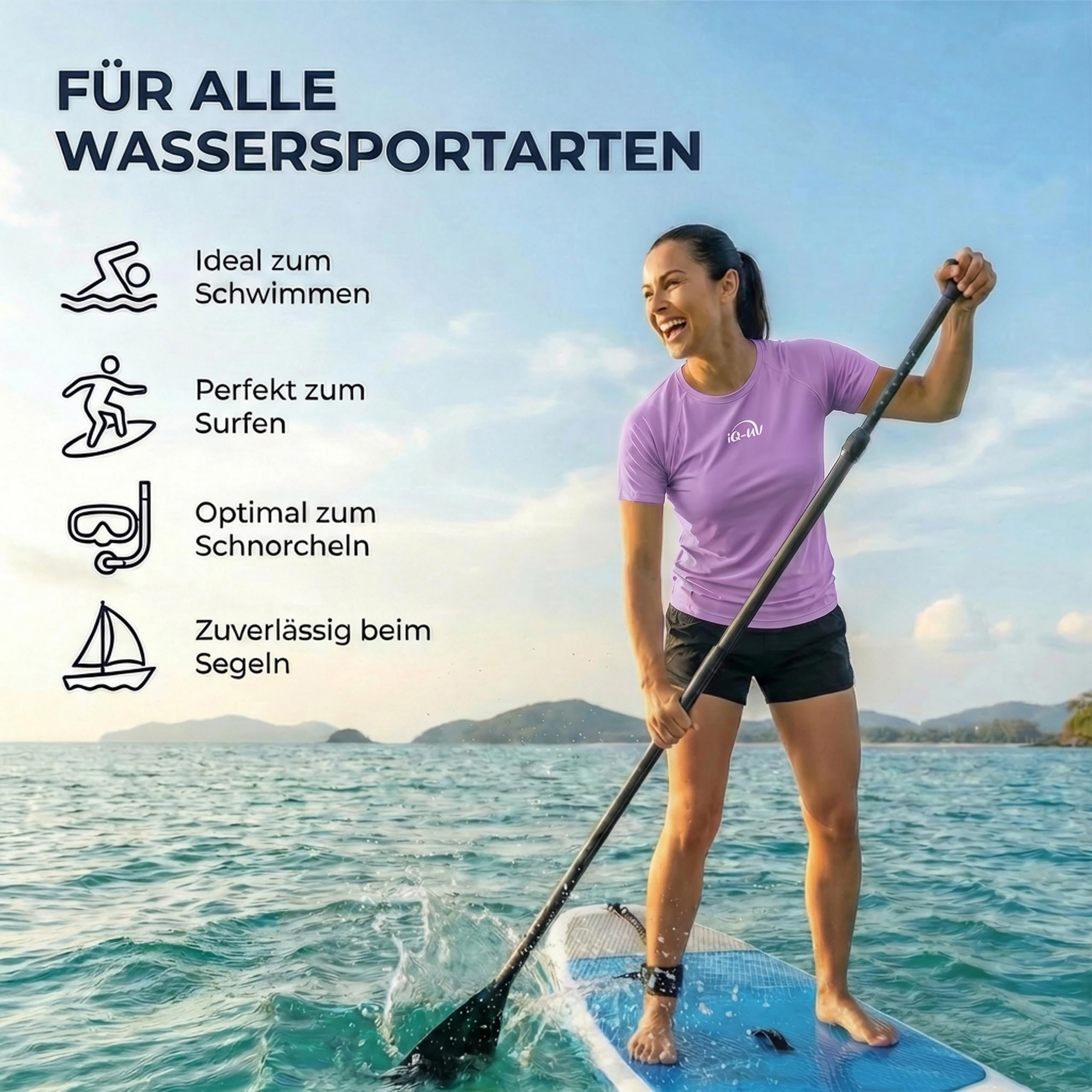 iQ-UV Shirt für Damen Kurzarm Lila L – Rash Guard Schwimmshirt für Frauen aus recyceltem Material – UV-Schutz Badeshirt zum Schwimmen, oder Sport – funktionales Surf-Shirt