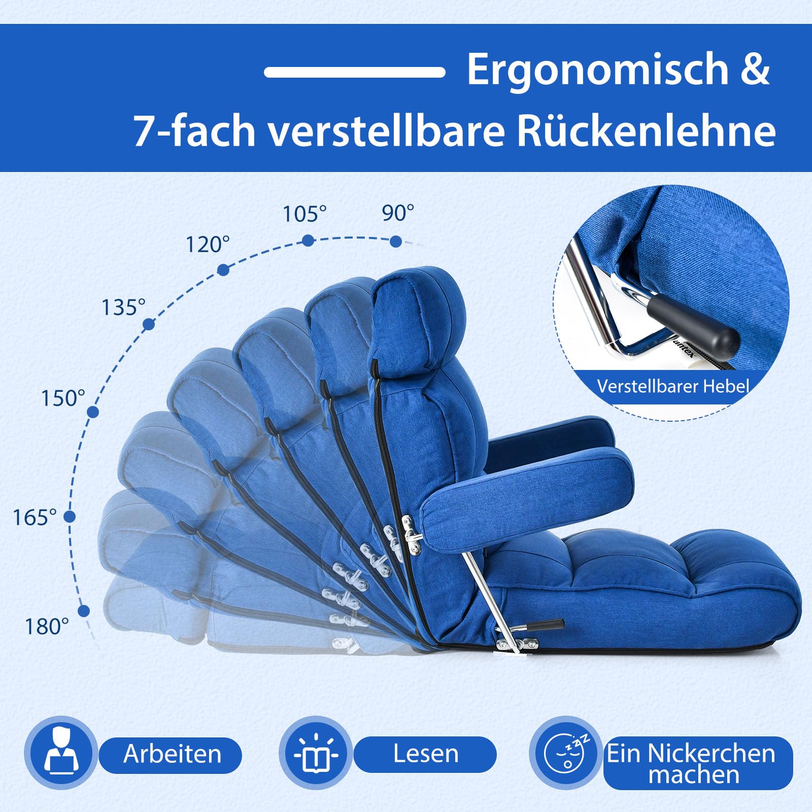 GOPLUS Bodenstuhl, Relaxliege mit Armlehne & Verstellbarer Rückenlehne, Bodensessel mit Schlaffunktion, Relaxsessel Meditationsstuhl Bodensofa für Zuhause & Büro (Blau)