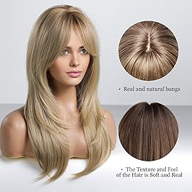 Alanhair Long Ash Blonde Wigs for Women,HAIRCUBE Layered Synthetic Wig with Bangs Heat Resistant Fiber Daily 24 Inch