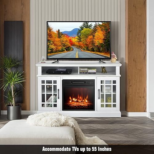 Miniatura 2 de GOFLAME Soporte de TV con chimenea para TV de hasta 55 pulgadas, centro de entretenimiento de madera independiente con chimenea eléctrica de 18