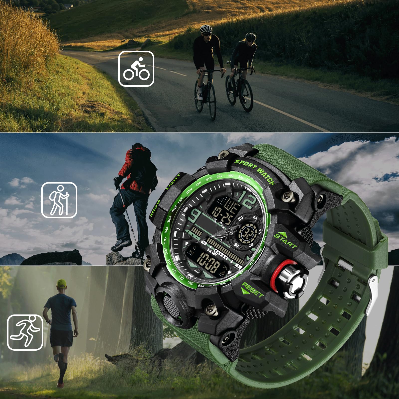 Reloj de pulsera digital para hombre, analógico, digital, deportivo, militar, para hombre, niño, exterior, impermeable, con despertador, luz LED, fecha, semana, 12/24 h, multifunción, táctico