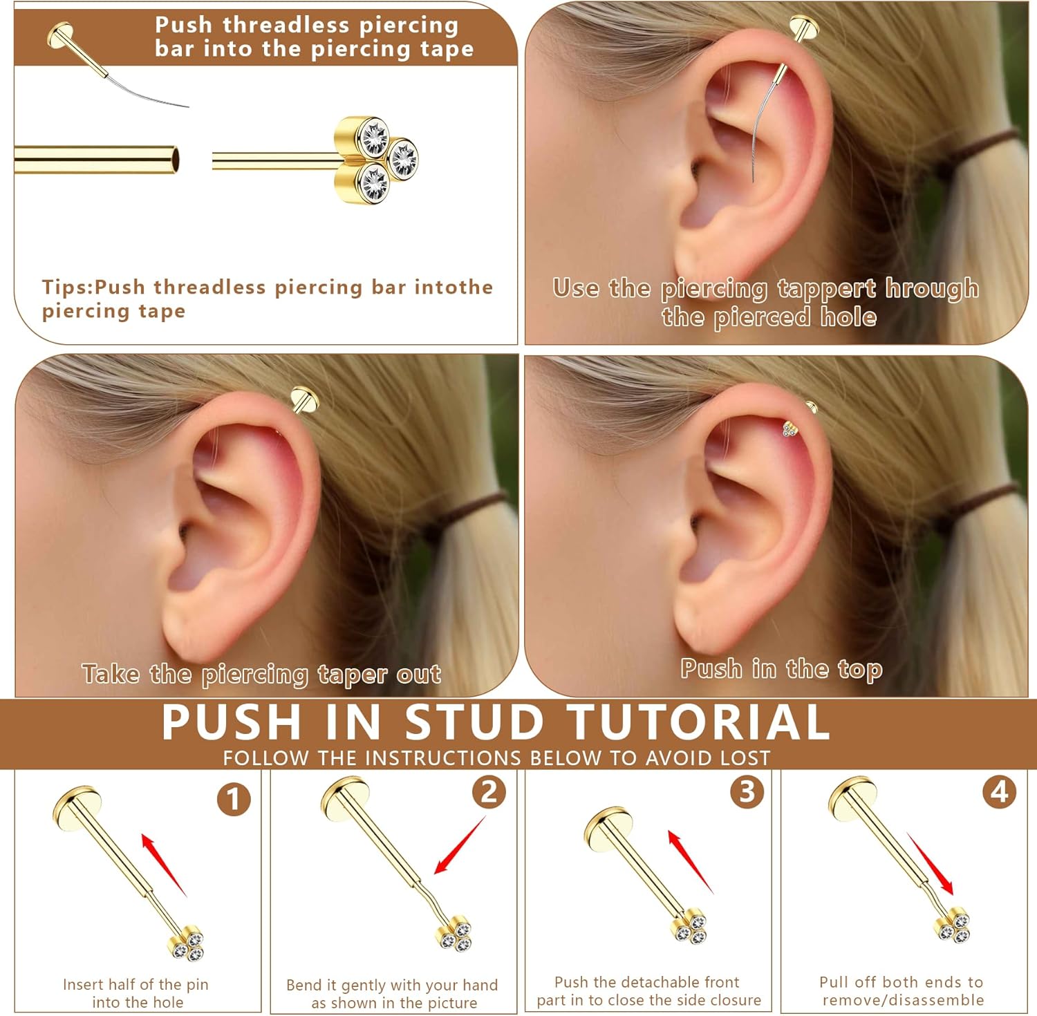 15Pcs 20G/18G/16G Flat Back Push in Stud Earrings 316L Surgical Stainless Threadless nose rings Medusa Piercing Jewelry Hypoallergenic Labret Studs Lip Rings ring for Women Men Be Equipped With Ball Grabber Tool - Image 3