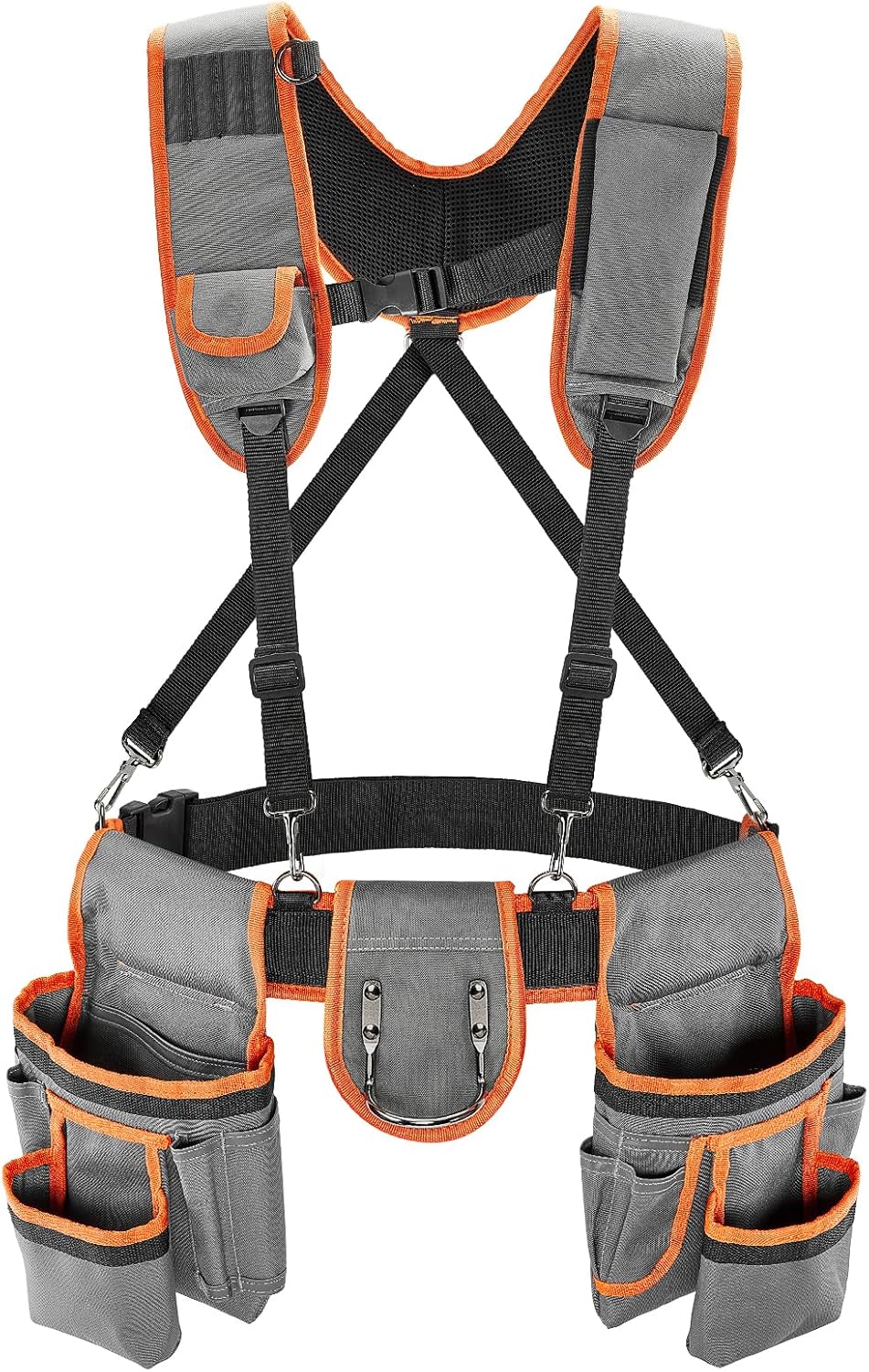 Puratalon Tool Belt Suspenders Padded Carpenter for Men, Detachable & Adjustable Electrician Tool Belts with 24-Pocket for Framers, Roofing, Contractor, 32''-66", Grey and Orange