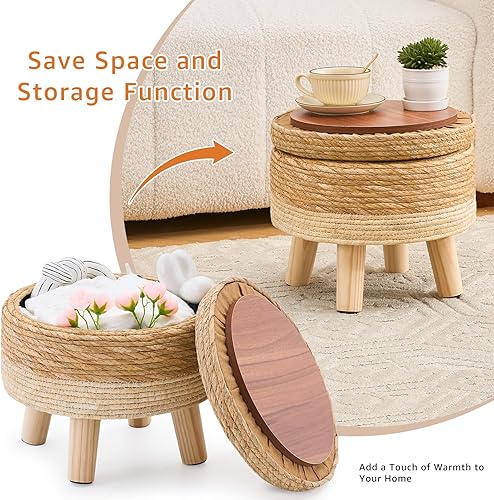 Miniatura 6 de Cpintltr Pufs otomanos de almacenamiento, reposapiés tejido a mano, reposapiés redondo natural con 4 patas de madera, asiento acolchado suave para