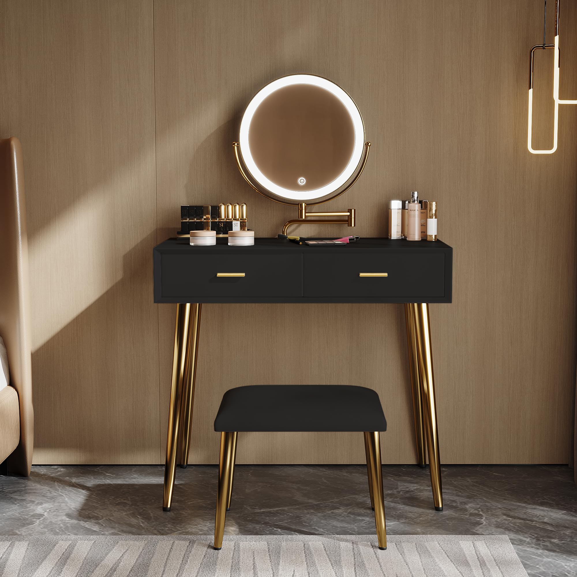 Onaninso Vanity Desk with Adjustable Mirror and Lights, Makeup Vanity with 2 Drawers and Chair, Small Dressing Table with Leather Surface for Bedroom,