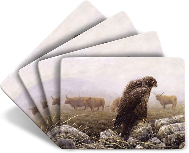 Julian Friers Buzzard and Highland Cattle Large Table Mats by Wildlife Artist Set of 4 - Non-slip - Cork-backed Placemat Set