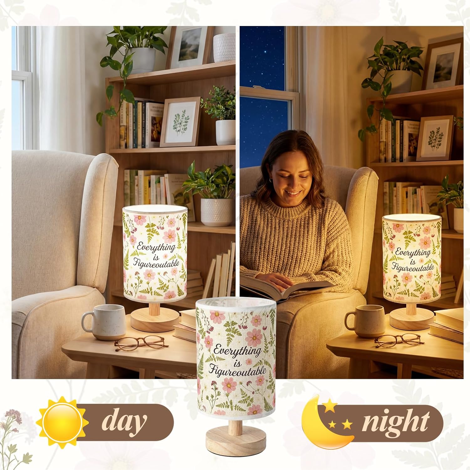 VIHOSE Wildflower Inspirational Quote Table Lamp 5w LED 3 Color Bedside Flowers Floral Linen Shade with Wood Base, Everything is Figureoutable Motivational Lamp for Dorm Room Office Nursery Boho