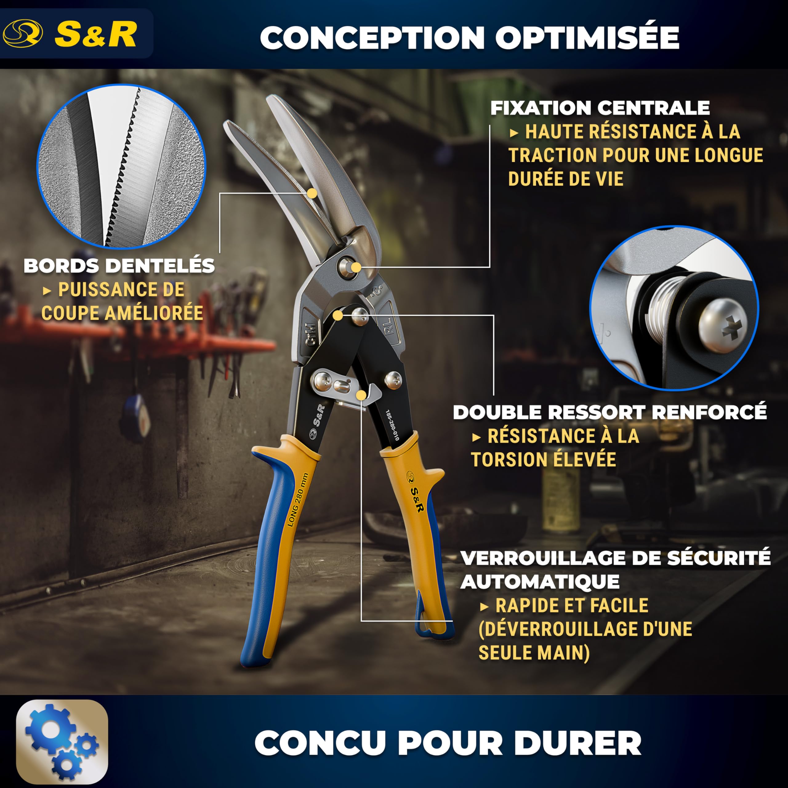 S&R Cisaille à Tôle Cisaille Plaquiste Rail Placo Couvreur Aviation Professionnelle 280 mm – Coupe à Droite – Lames Longues Dentelées CrMo pour Acier, Inox, Aluminium et Métaux Colorés