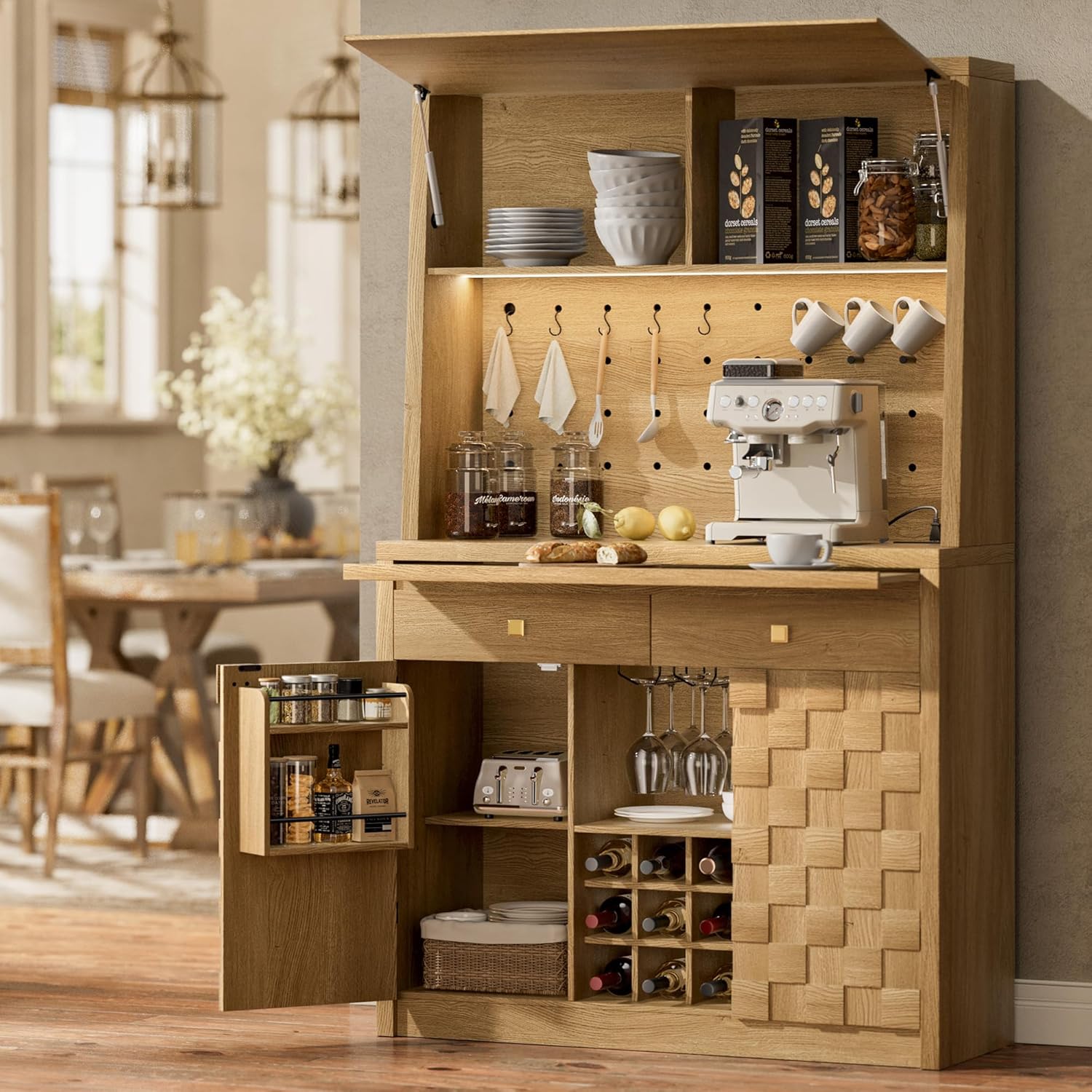 STO'SENSE 71.1" Tall Kitchen Pantry with Charging Station & LED Light, Sideboard Buffet Storage Cabinet with Hydraulic Flip Up Door, Drawers, Pegboard, Cupboard for Dining Room