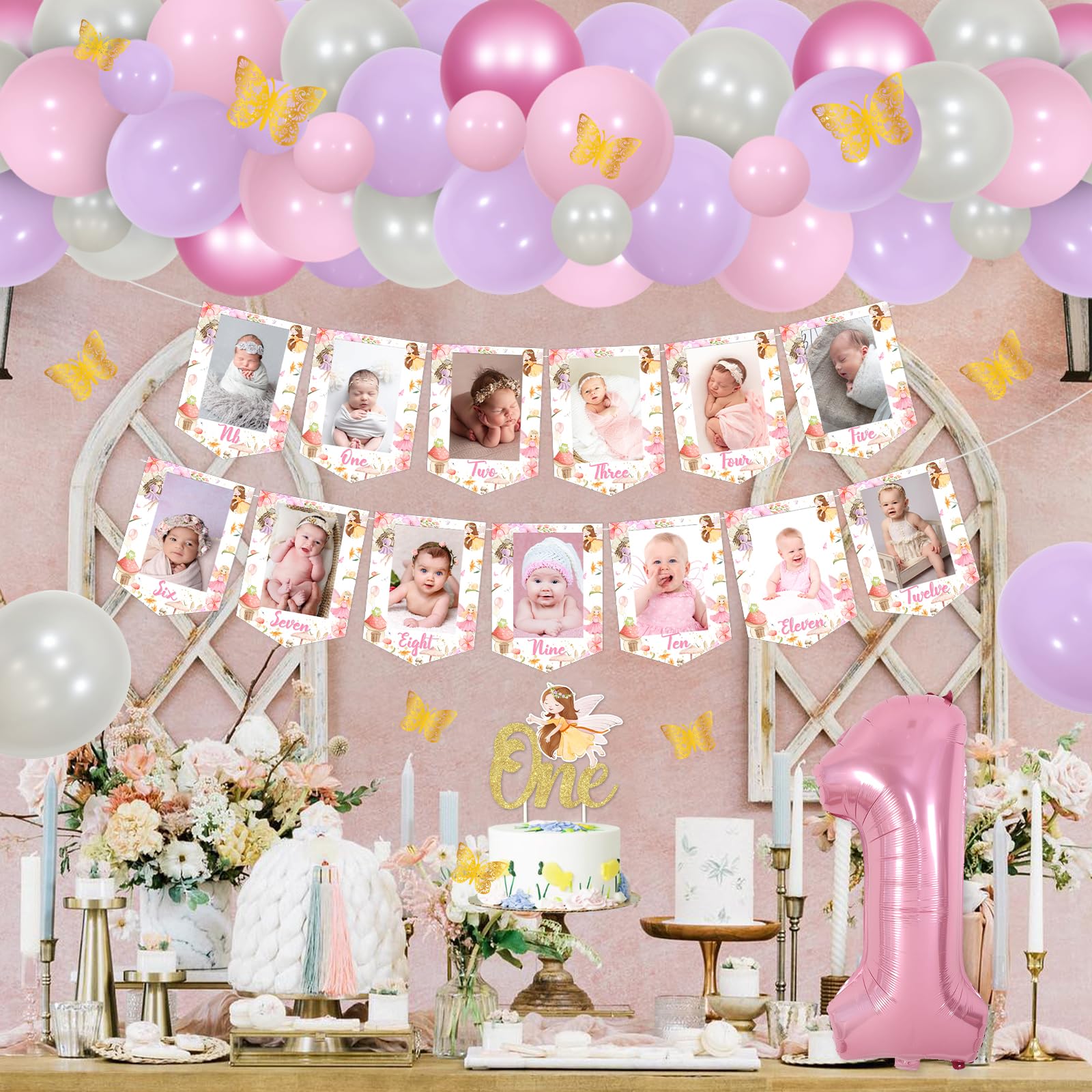 Fairy First Birthday Decorations Set - Butterfly Floral Backdrop & Balloons For Girls 1st Birthday Party