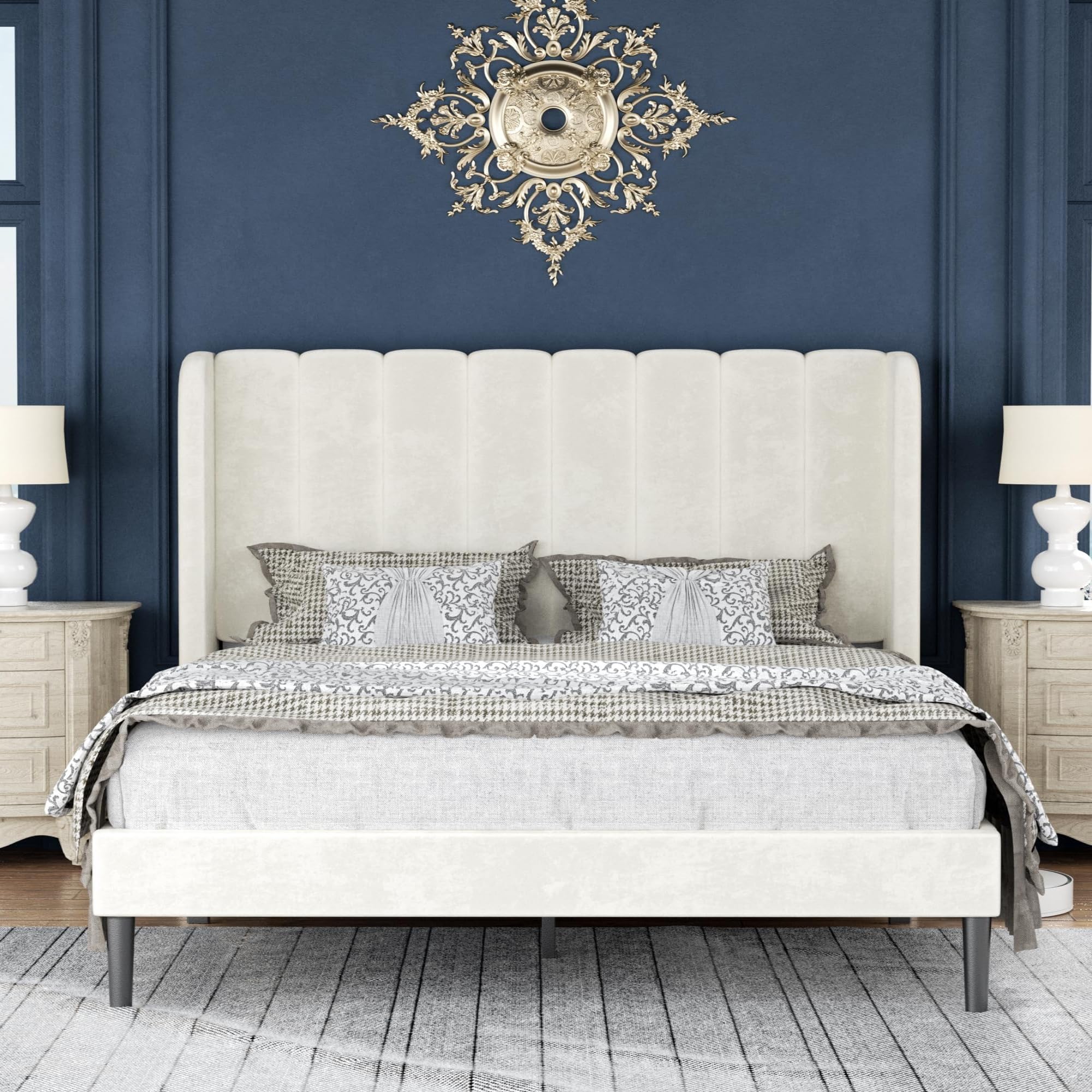 Queen Size Platform Bed Frame with Velvet Upholstered Headboard and Deluxe Wingback, No Box Spring Needed, Mattress Foundation, Easy Assembly, Beige