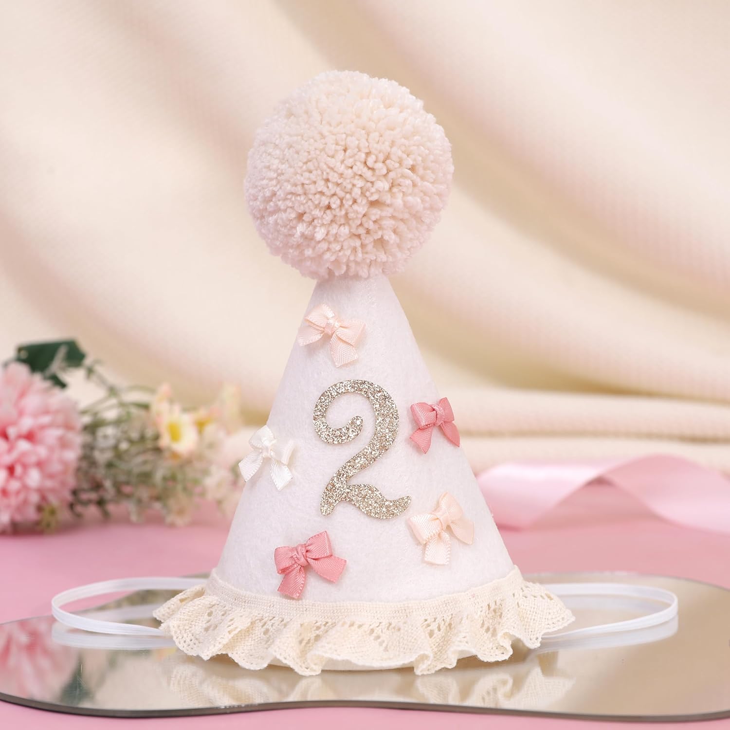 Bow 2nd Birthday Hat for Girls – Boho Birthday Crown, Baby Girl Pink Bday Party Hat, Bow Theme Decorations, Cake Smash Outfit (2nd birthday hat) - Image 3