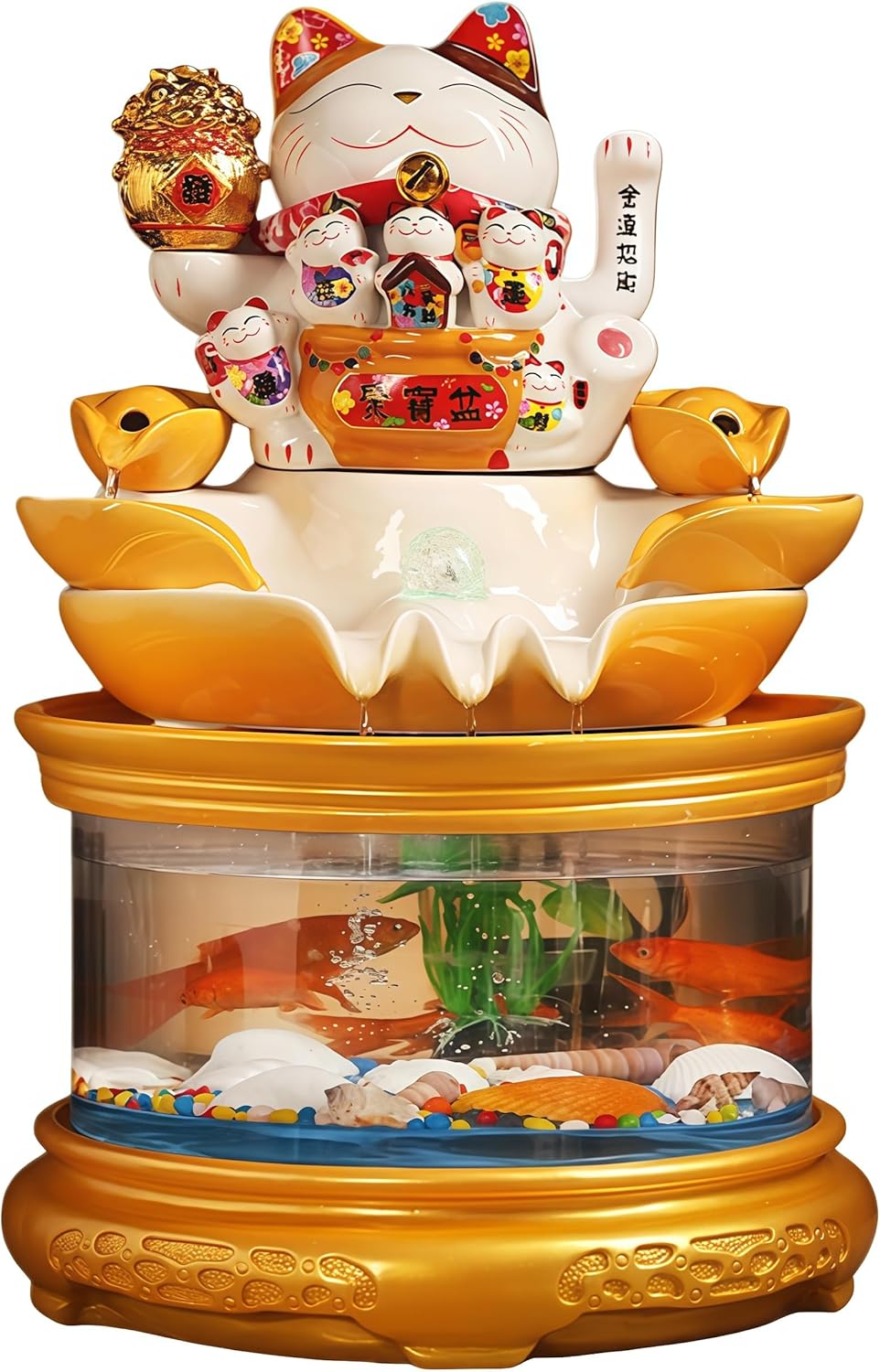 Fish Tank with Maneki Neko, Money Lucky Cat, Tabletop Water Fountain Indoor, Feng Shui Decor & Gifts for Home, Feng Shui Statue, Chinese New Year Decoration, Chinese Decor & Gifts (A)