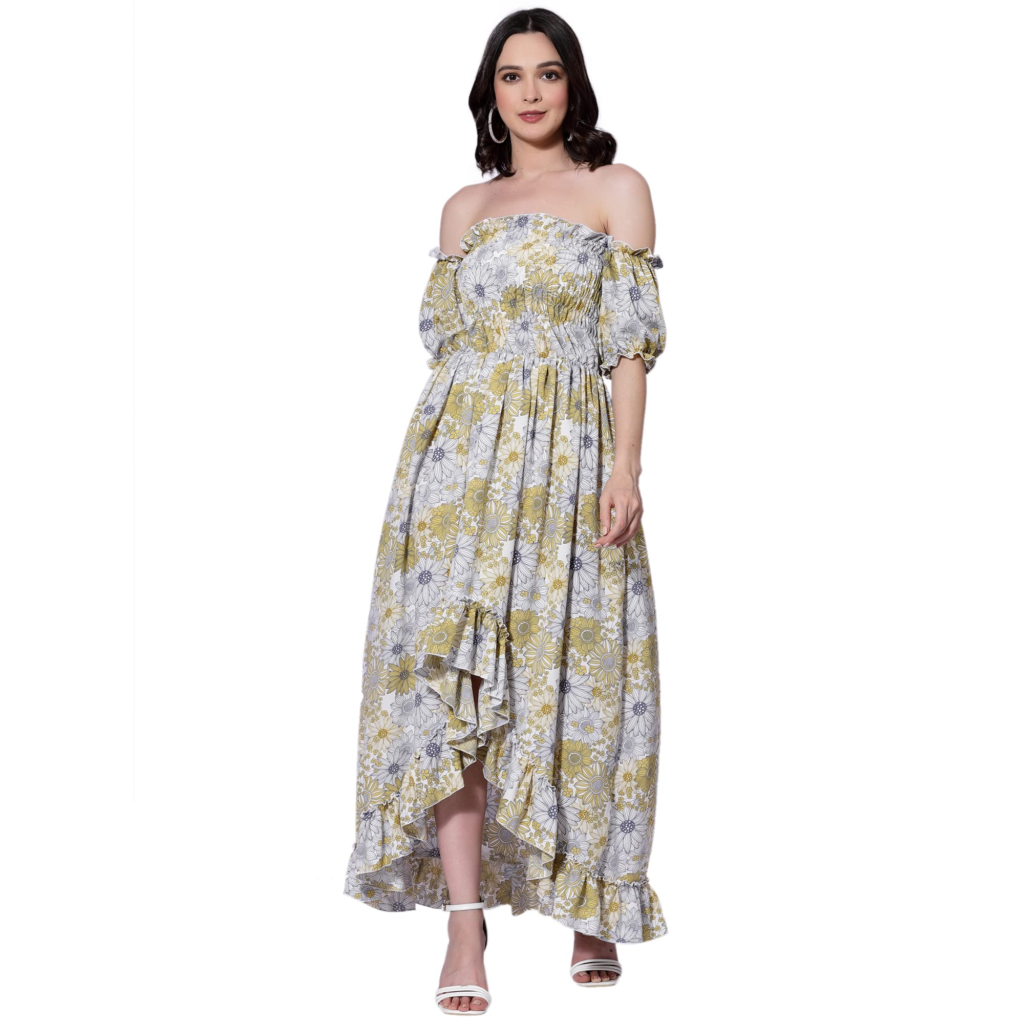 Oomph! Flared Dress For Women Stylish | Long One Piece For Women | Off Shoulder Puff Sleeve Long Dress | Floral Print Maxi One Piece | Western & Fusion Wear Bohemian Style