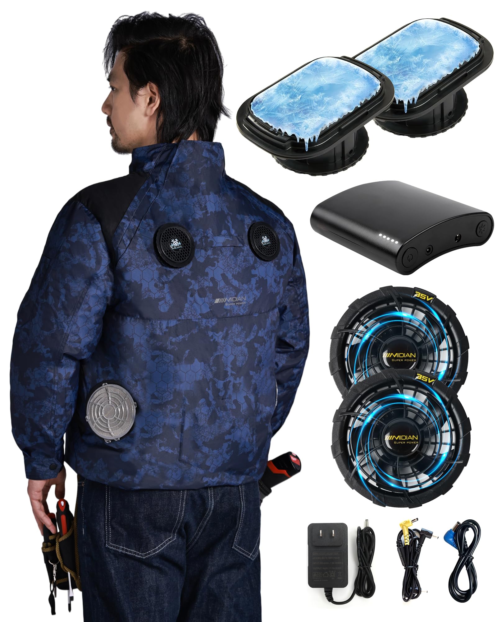 [MIDIAN] ペルチェ冷却服 長袖【2026業界独創 2つ冷却器&扇風機搭載 35V高出力 20000mAh大容量バッテリー】ペルチェ素子採用 強弱モード 最大-30℃冷やす フルハーネス対応 冷却ジャケット 現場作業 外仕事 猛暑・熱中症対策 男女兼用