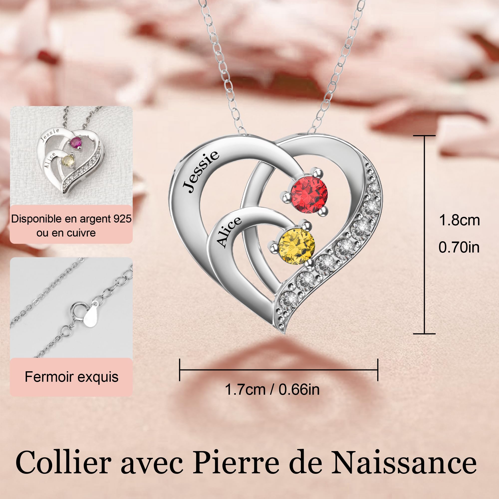 Easycosy Collier Personnalisé Prénom avec Pierres de Naissance Collier gravé 1-4 Nom Collier Pendentif Cœur Bijoux Personnalisé Cadeau Femme Fille Maman Mamie Copine pour Anniversaire Noël St-Valentin