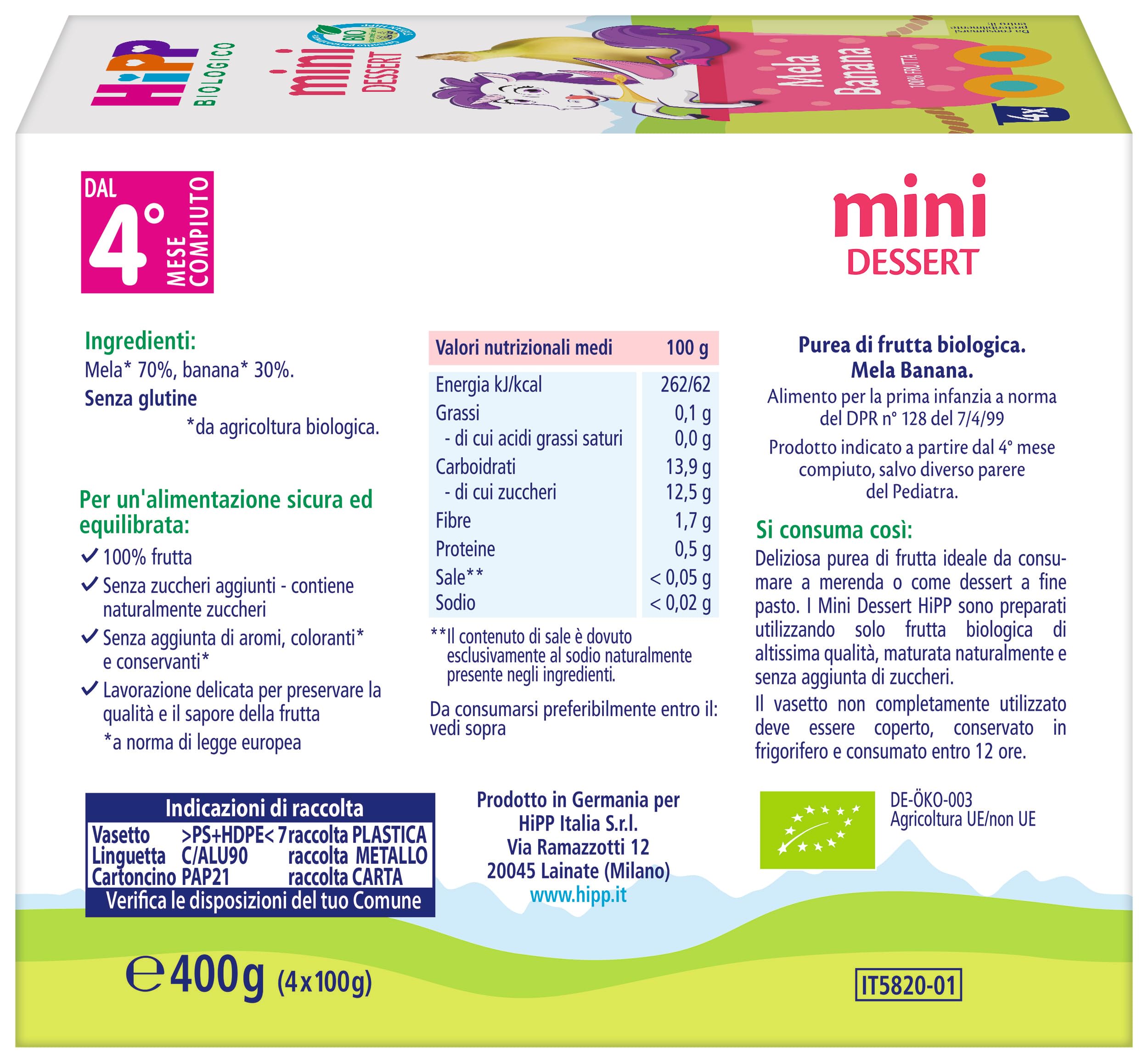 HiPP - Nuovi Mini Dessert, Frutta Grattugiata Bio, Mela e Banana, Confezione da 24 Vasetti da 100 g