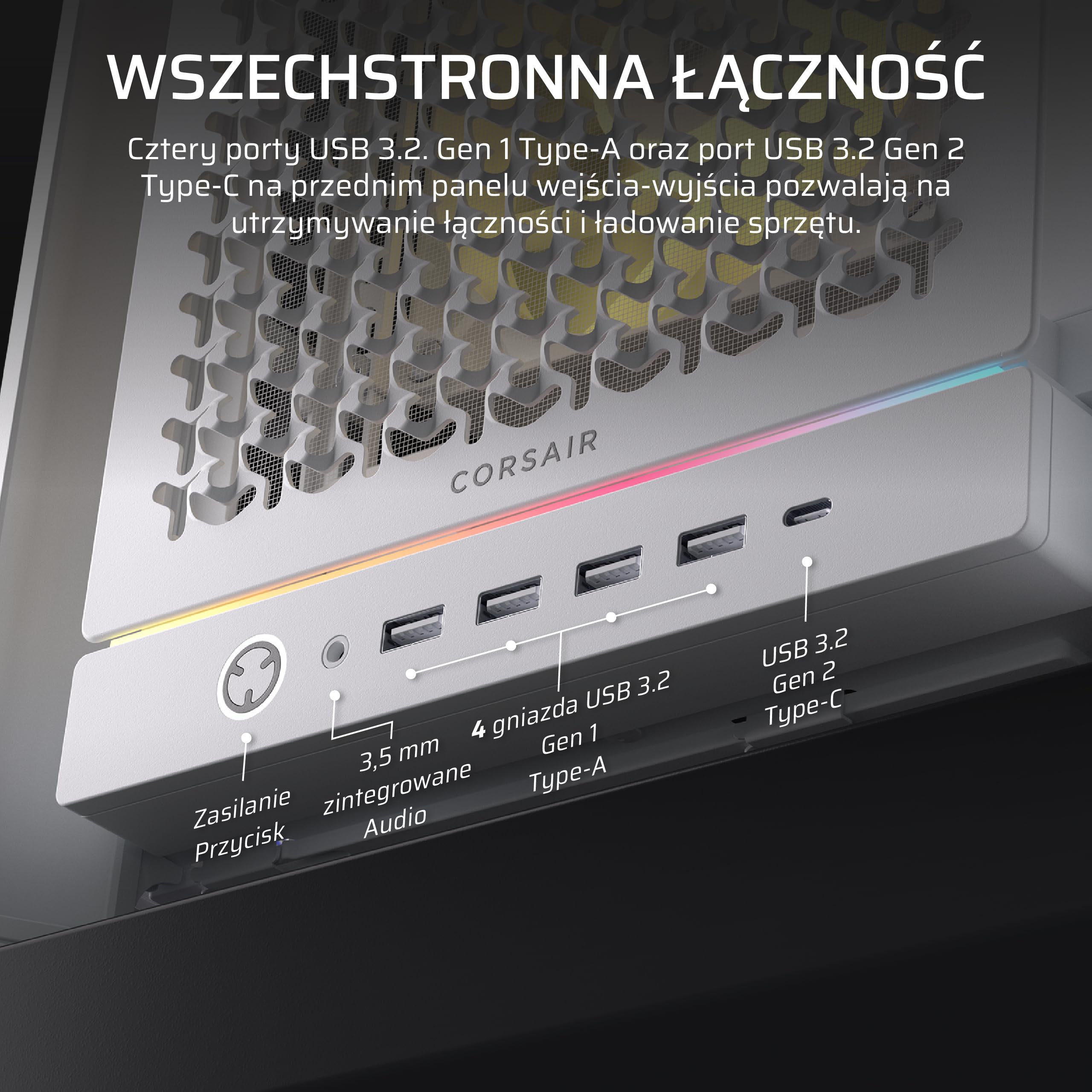 CORSAIR FRAME 5000D RS ARGBModular High Airflow Mid-Tower Obudowa Komputera — 4x Fabrycznie Zainstalowane Wentylatory RS ARGB, System Mocowania Wentylatorów InfiniRail™ — Biały