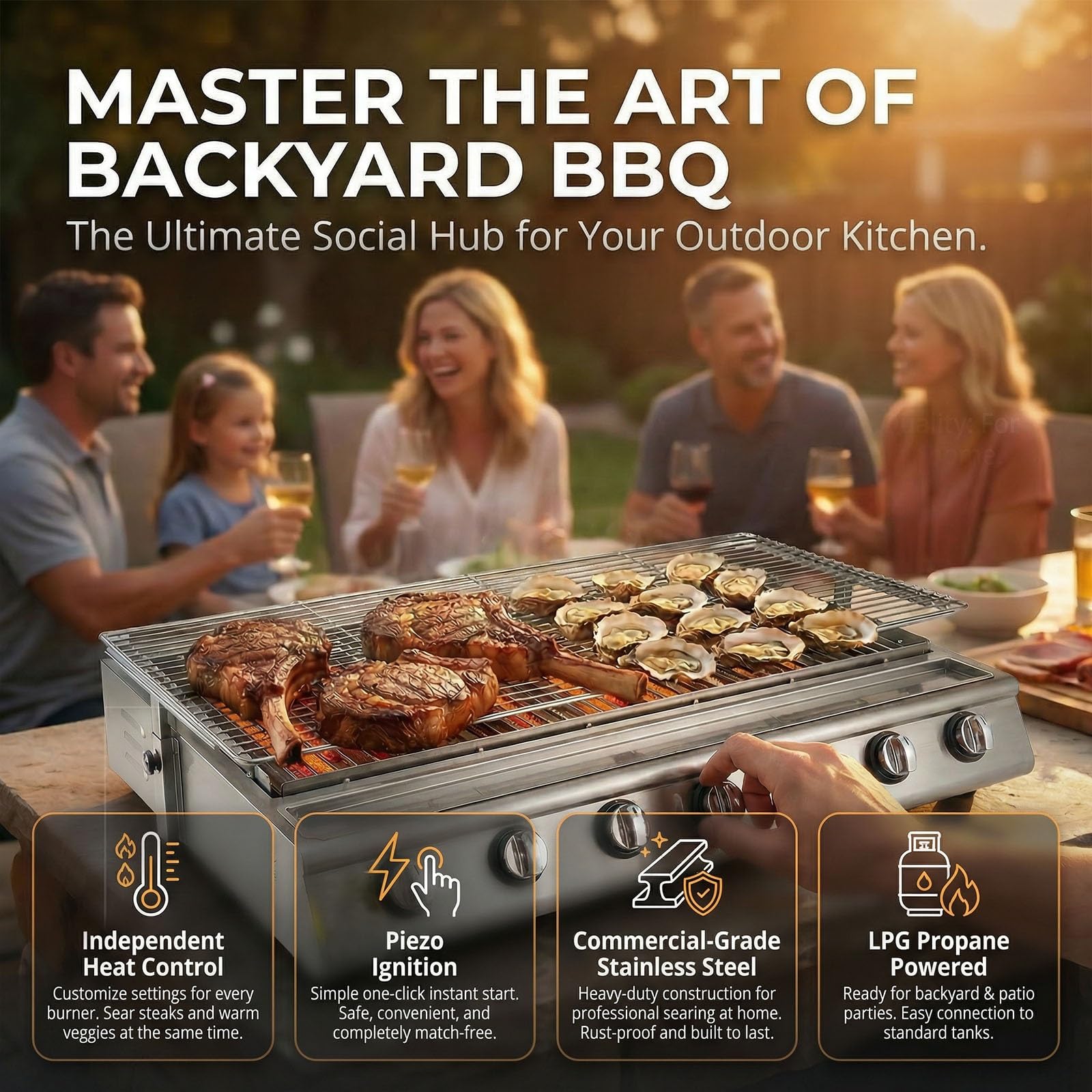 Barbecue a Gas Alta Performance, Piastra Inox 304 con Coperchio, 4/8/10 Fuochi Infrarossi, Altezza Regolabile, Soluzione Professionale per Catering e Grandi Feste(10 Burner)
