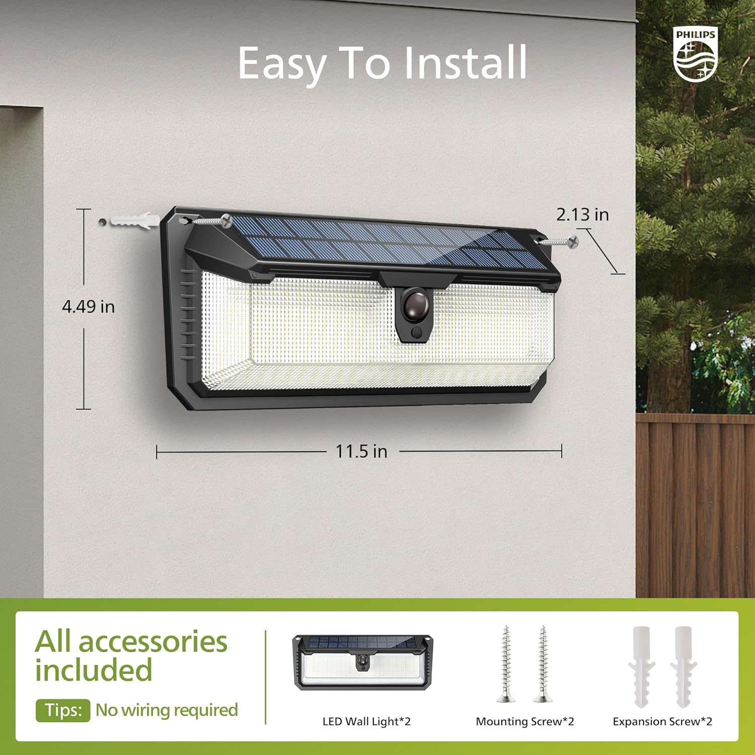 Philips Solar Lights Motion Sensor Outdoor, 258 LEDs Solar Powered Security Lights, 3 Lighting Modes, Waterproof Wall Light for Outside Yard Fence Garden Garage