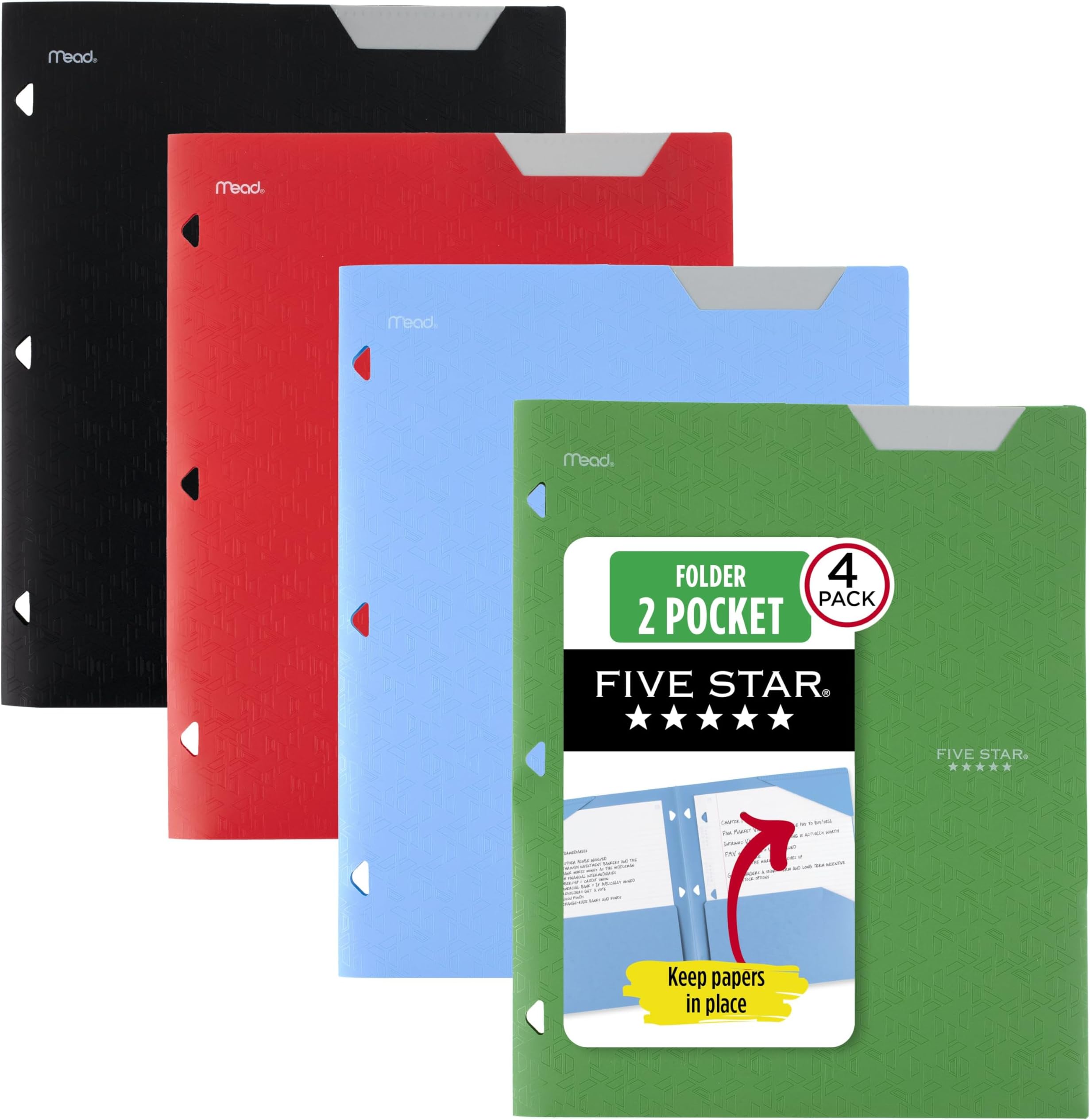 Five Star 2-Pocket Folders, 4 Pack, Plastic Folders with Stay-Put Tabs, Fits 3-Ring Binder, Holds 11โ x 8-1/2โ, Assorted Colors (38049)