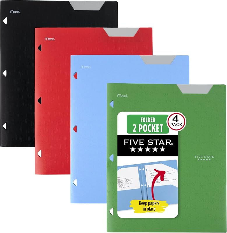 Five Star Carpeta de plástico de 2 bolsillos con pestañas fijas, se adapta a carpetas de 3 anillas, admite papel de 8,5" x 11", colores surtidos, paquete de 4 (333420A)