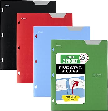 Five Star 2-Pocket Plastic Folder with Stay-Put Tabs, Fits 3-Ring Binder, Holds 8.5" x 11" Paper, Assorted Colors, 4 Pack 333420A