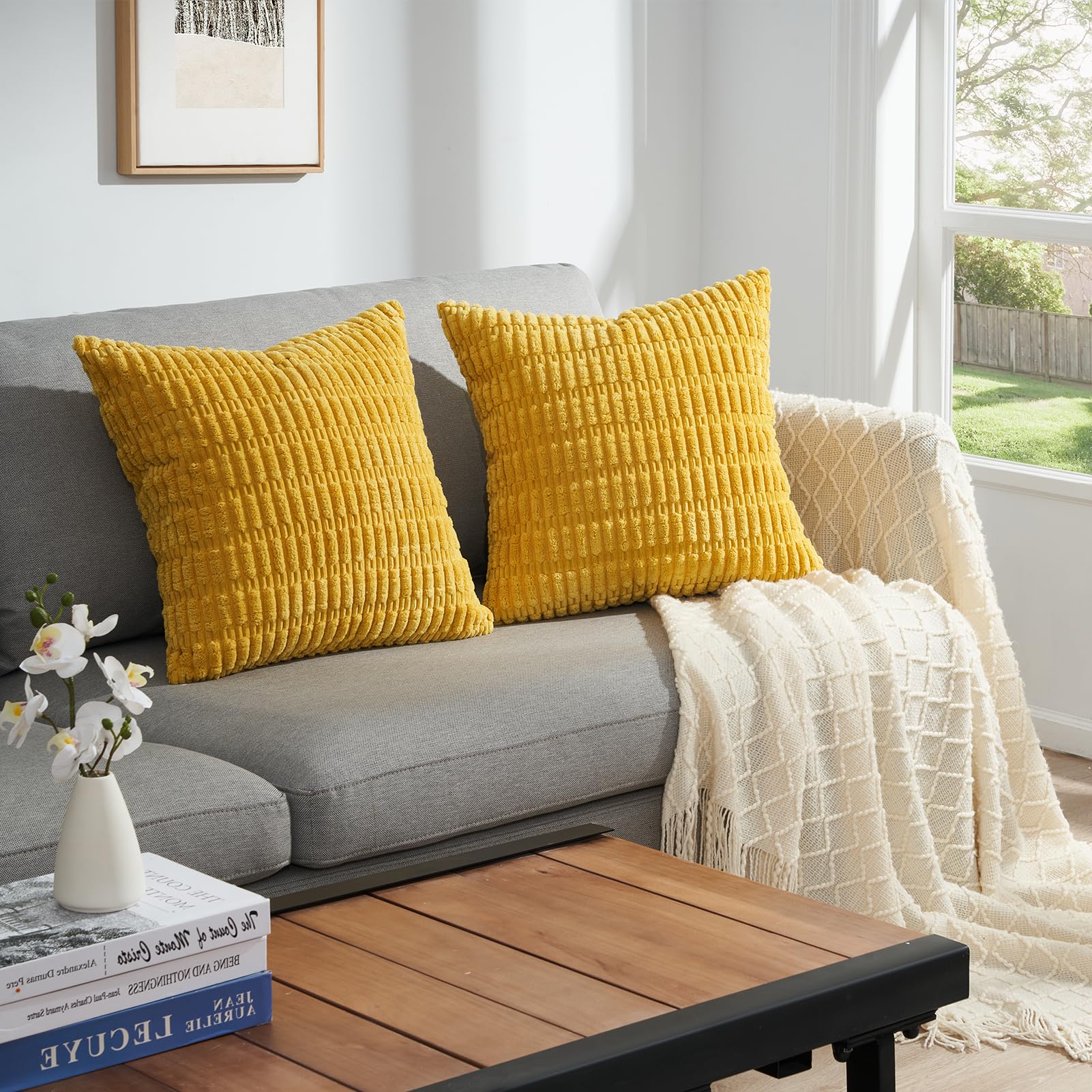 Topfinel Yellow Cushion Covers 40cm x 40cm,Corduroy Decorative Fluffy Pillows Cases,Cushions Cover 16x16 inches with Invisible Zipper for Sofa Bed Livingroom Bedroom,Pack of 2 - Image 2
