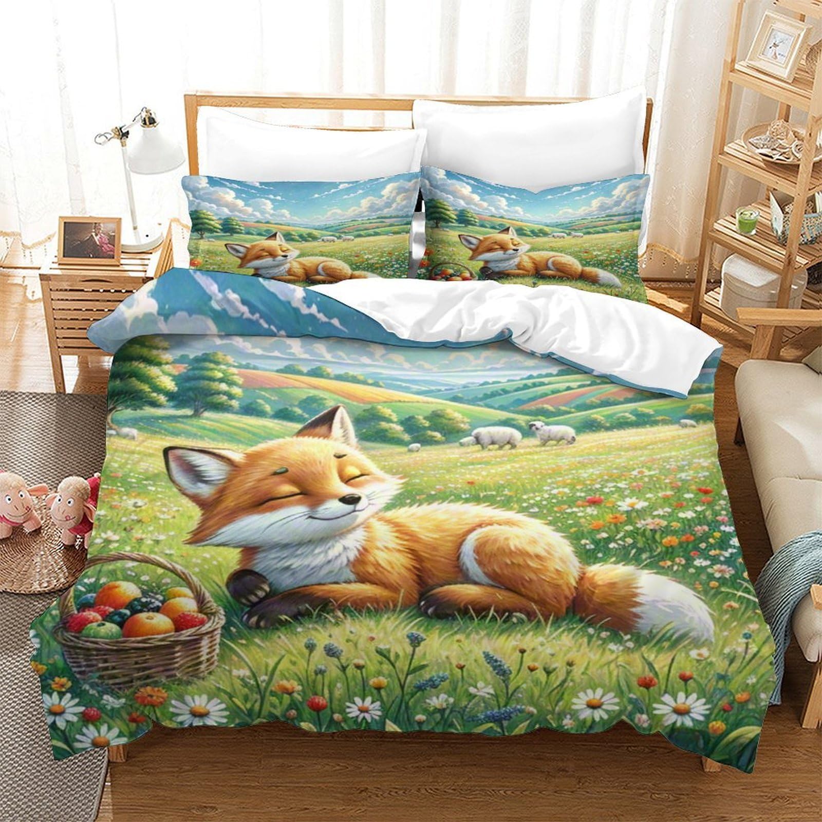 QDZHCPMYK Fox Duvet Cover Set with Pillowcase Animals In The Forest Duvet Quilt Cover 3D Bedding Set for Kids Boys Girls Teens Microfiber Comforter Cover Hidden Zipper Double（200x200cm）