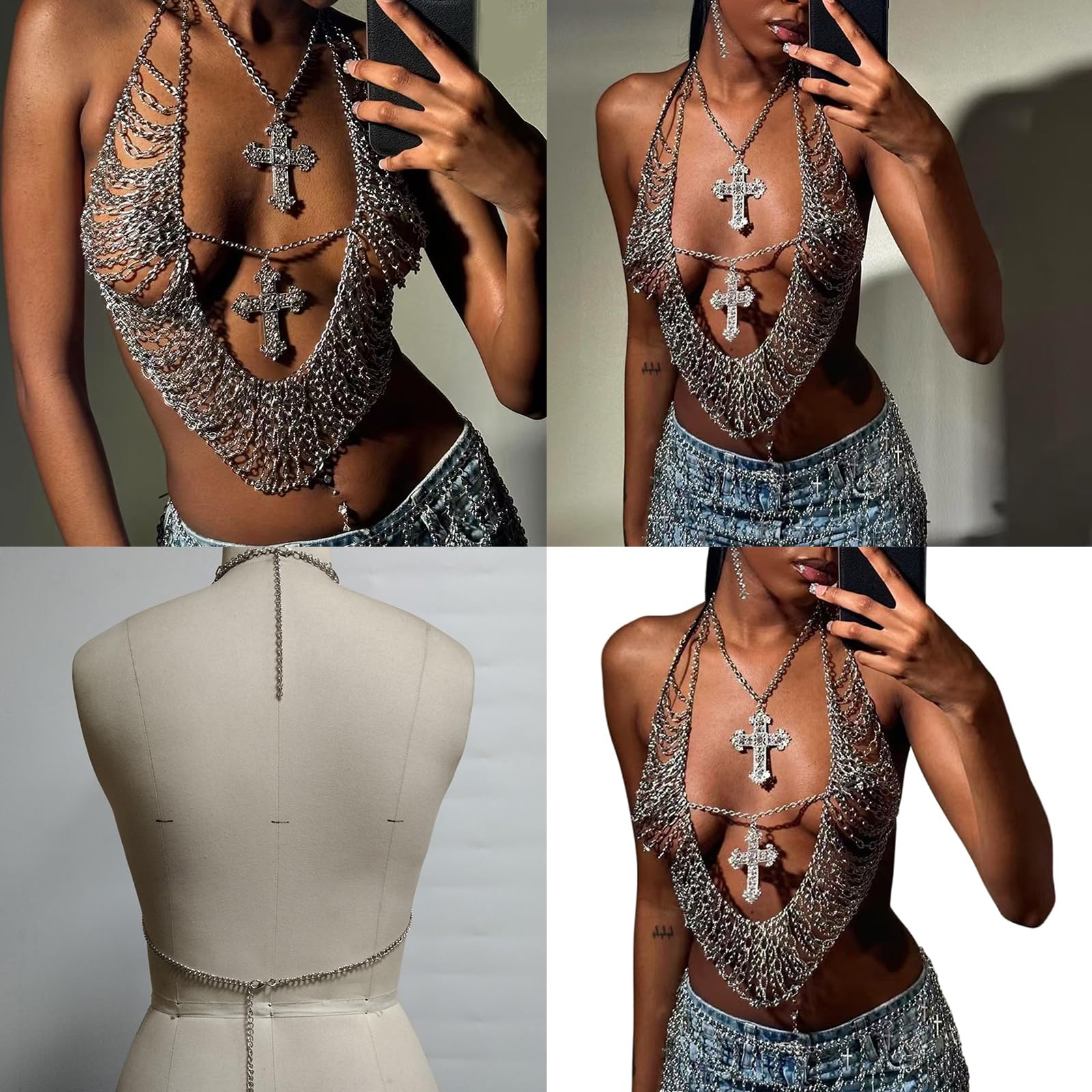 Chaîne de corps avec pendentif croix en strass pour femme, dos nu, caraco court pour fêtes et festivals