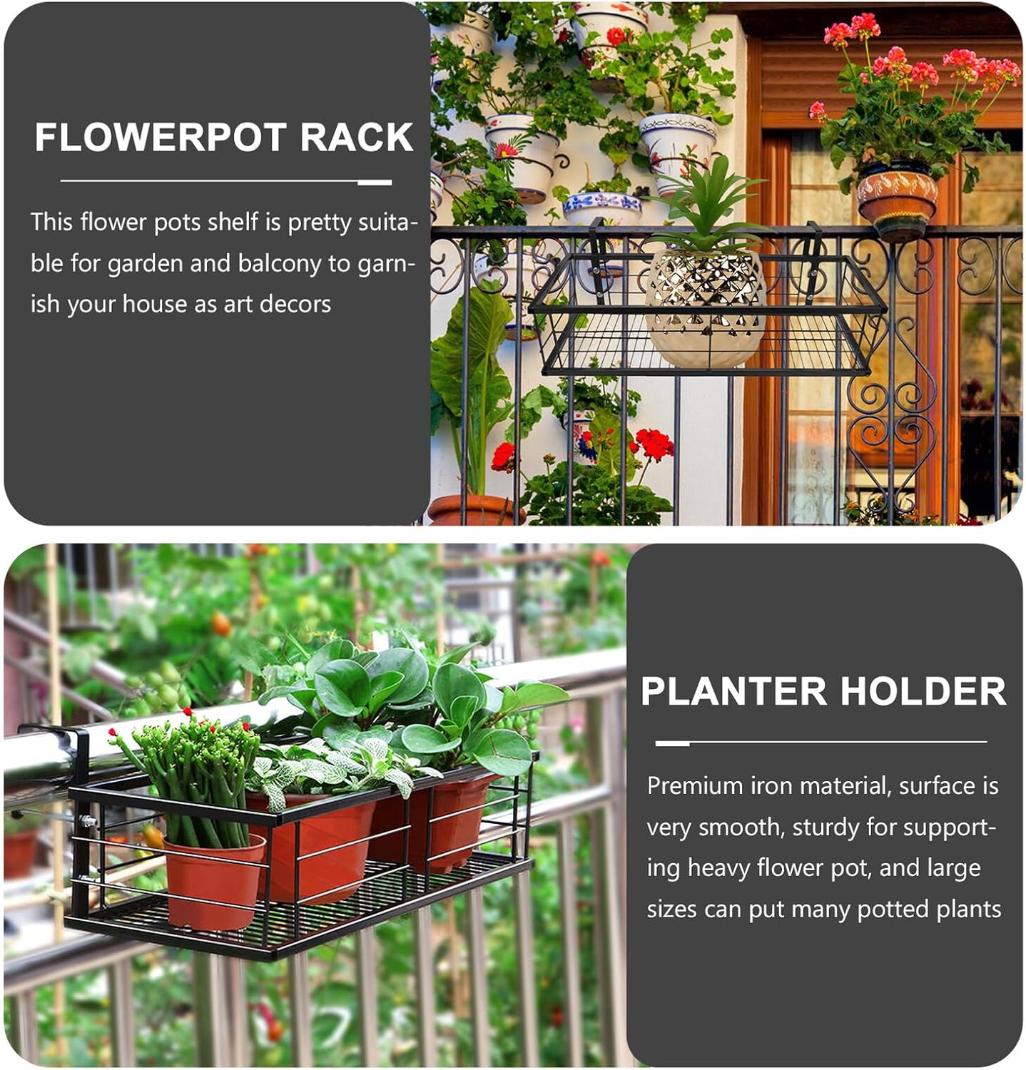 Balcony Flowerpot Rack Hanging Planter Bracket 50cm Black Iron Railing Plant Holder for Outdoor Patio Garden Hanging Bonsai Display