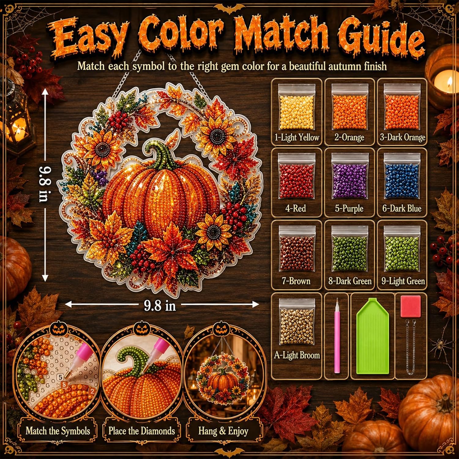 Silkivana Autumn Harvest Pumpkin Diamond Art Hanging Ornament Kit, DIY Acrylic Diamond Painting Hanging Sign for Window Wall Garden Home Fall Decor Handmade Craft Set