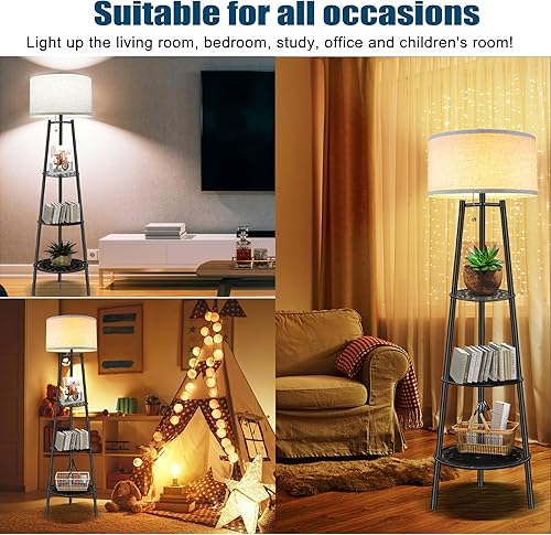 Miniatura 5 de Lámpara de Pie con Estantes, Lámpara de Pie Moderna con Bombillas LED de 3 Temperaturas de Color, Lámparas de Pie de Rincón para Sala de Estar y