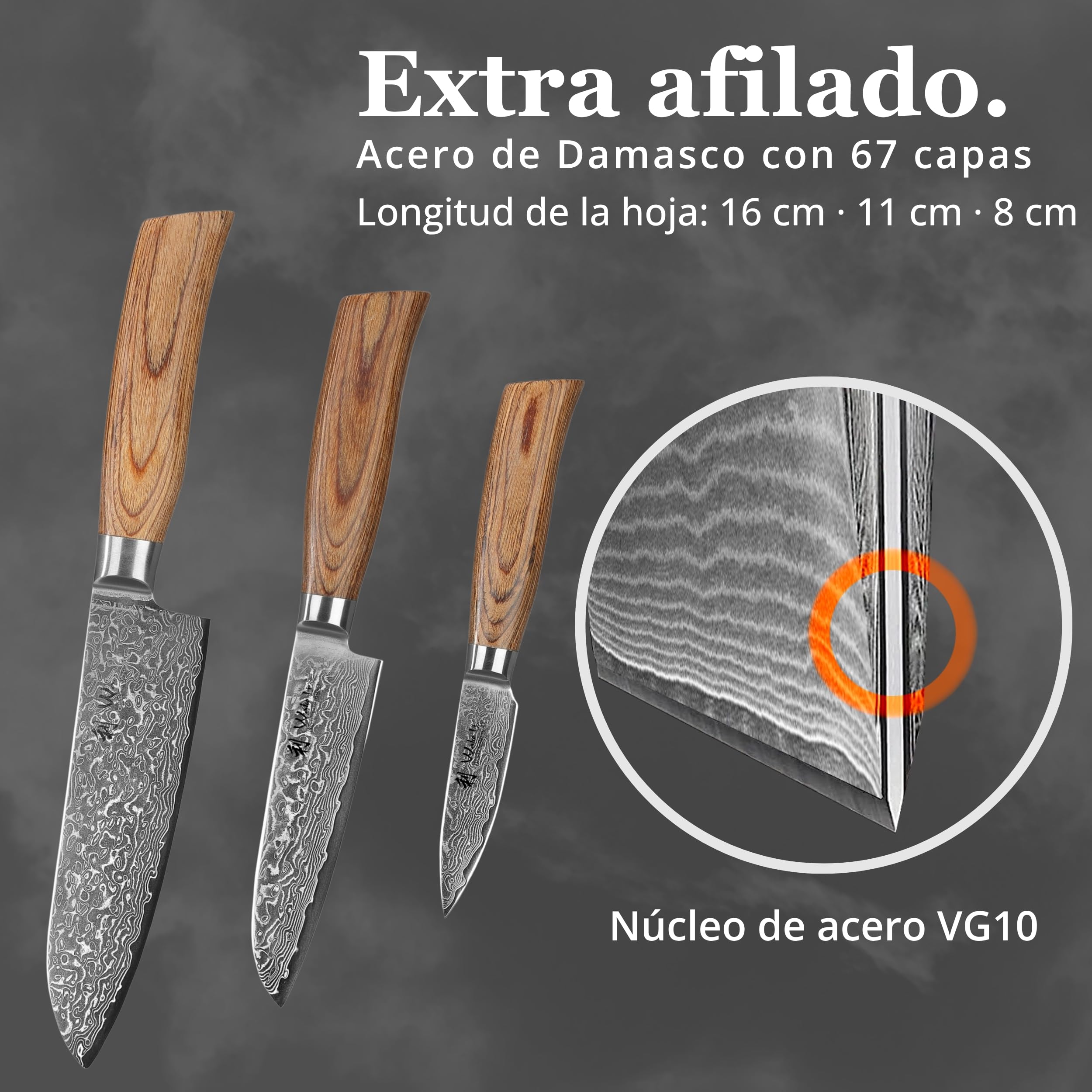 WAKOLI EDIB Pro juego de 3 cuchillos de cocina de acero de damasco de 67 capas con núcleo VG10, 2 cuchillos Santoku y 1 puntilla, mangos ergonómicos de madera Pakka, caja de regalo de madera